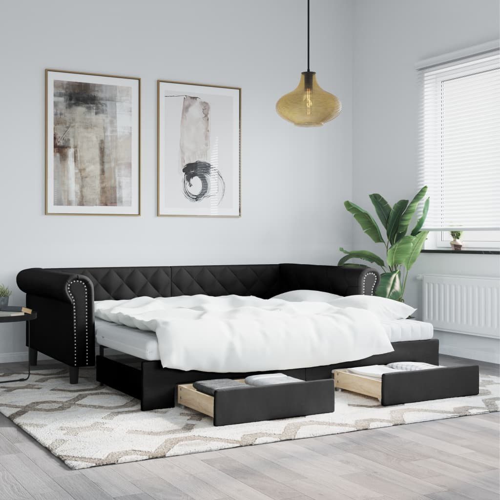 vidaXL Daybed, Tagesbett Ausziehbar mit Schubladen Schwarz 90x200cm Kunstleder