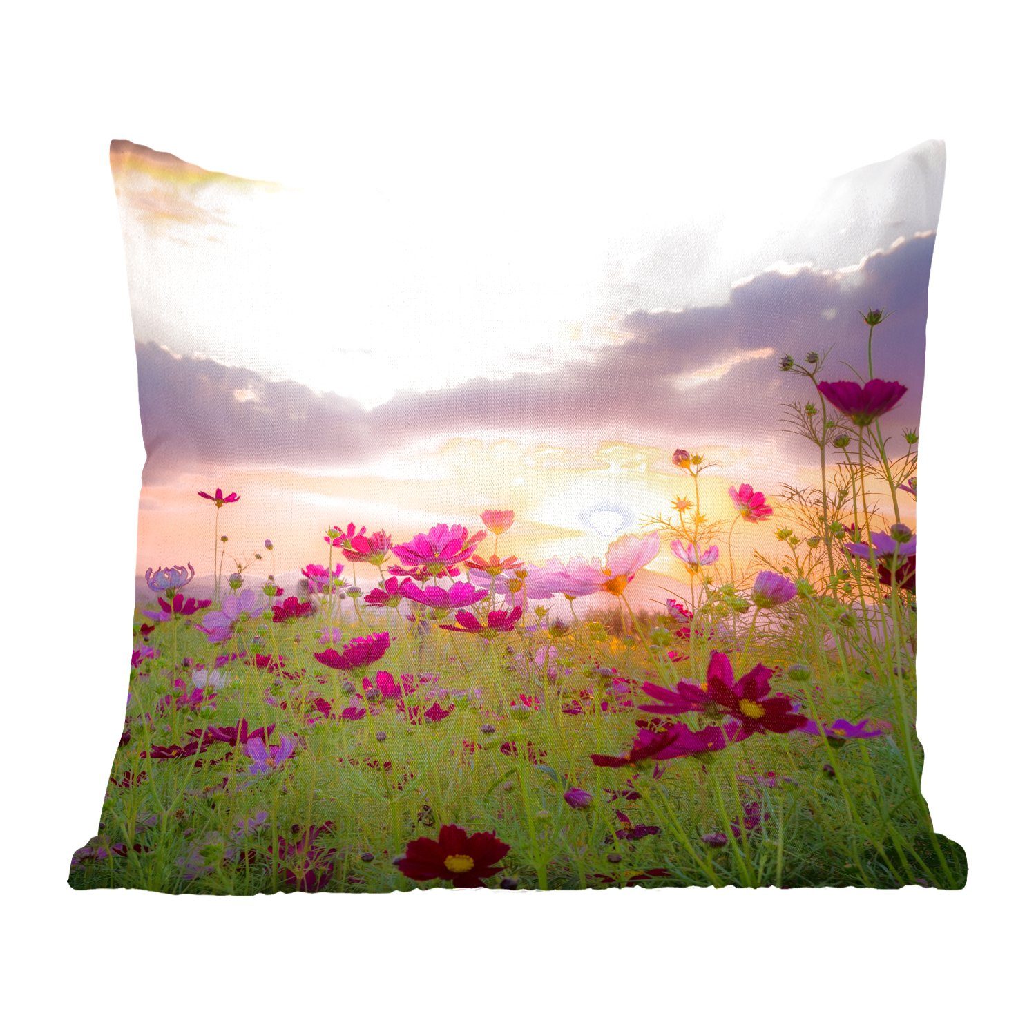 Dekokissen MuchoWow - Rosa mit - Blumen Schlafzimmer, Horizont, für Füllung - Zierkissen - Natur Wohzimmer, Wiese - Sonnenuntergang Deko, Sofakissen