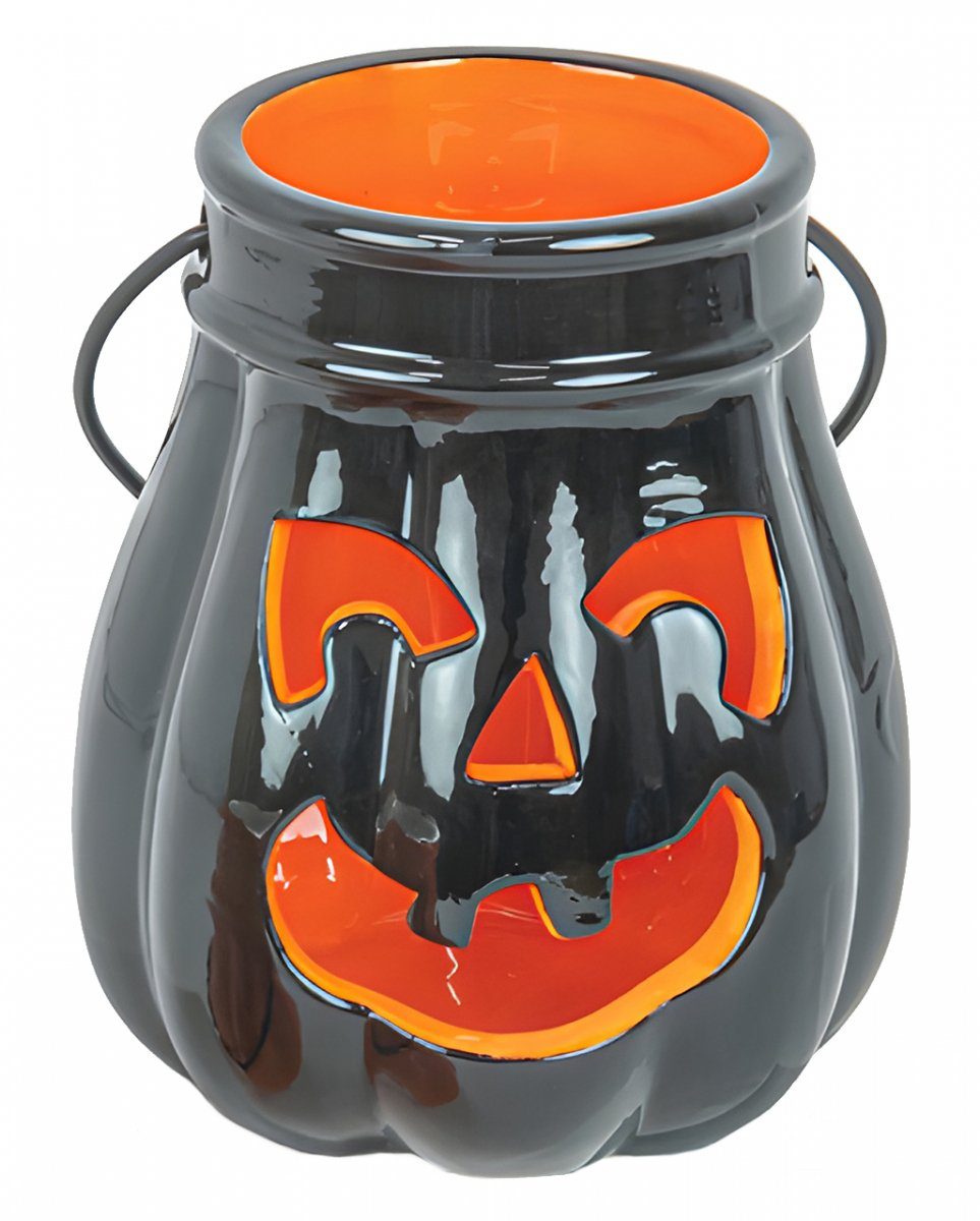 Laterne Schwarze 13cm Horror-Shop Kürbis Keramik Halloween Dekofigur aus