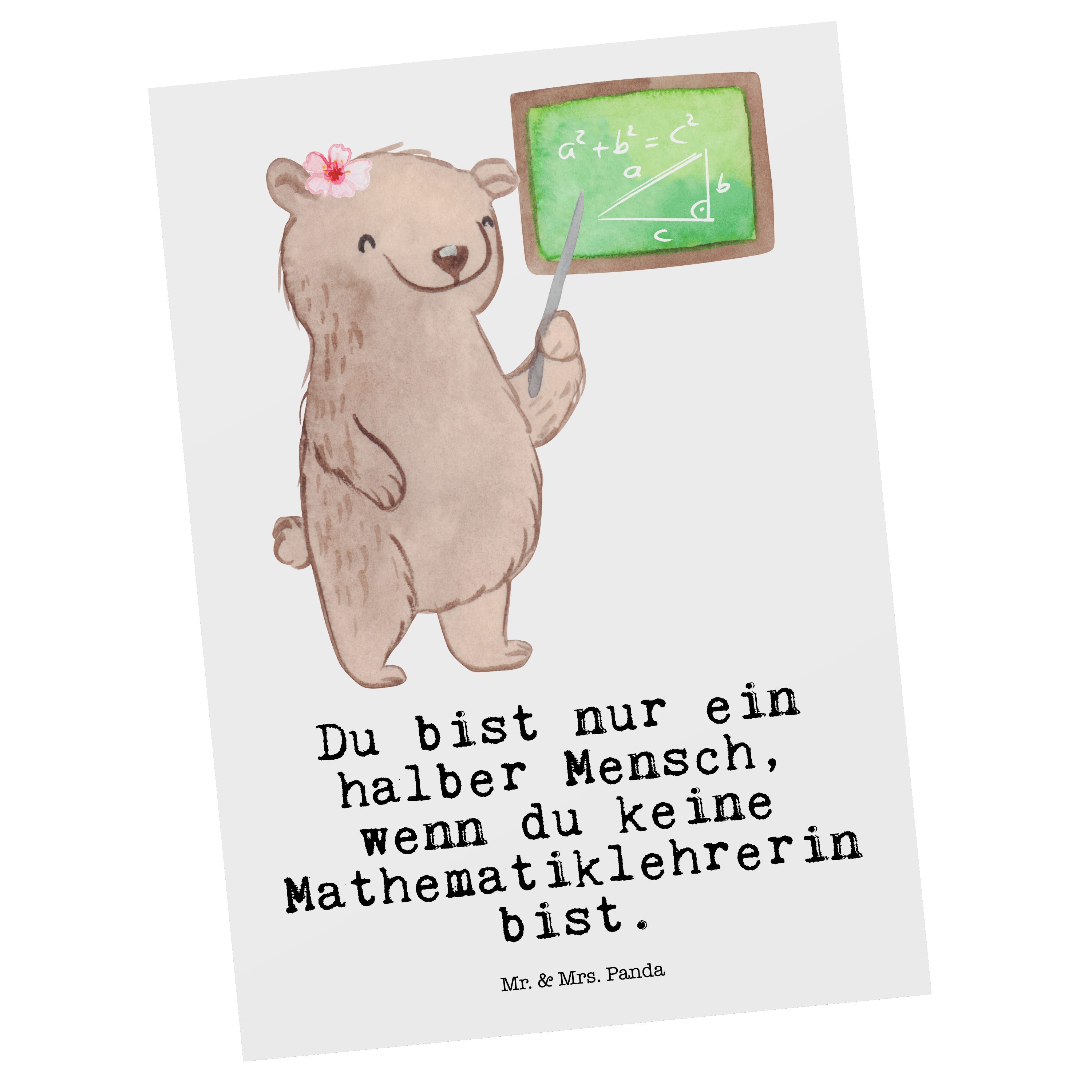 Mr. & Mrs. Panda Postkarte Mathematiklehrerin mit Herz - Weiß - Geschenk, Dankeskarte, Geschenkk