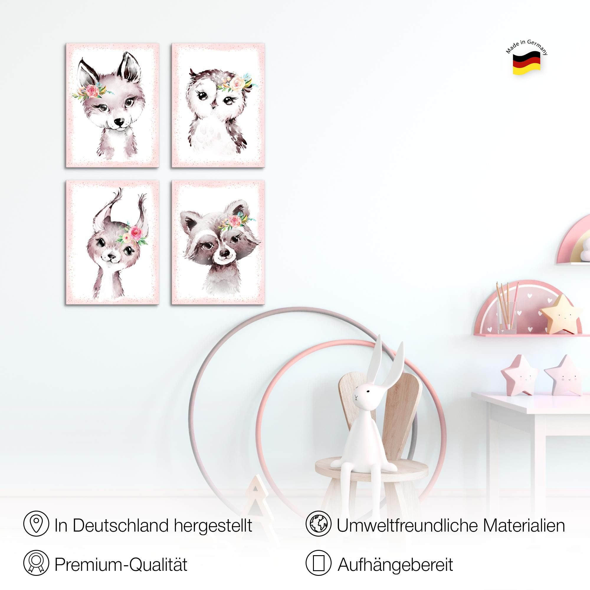 Novart Wandbild Bilder Waldtiere AUFHÄNGFERTIG Kinderzimmer Mädchen N017147b, 30 x 40 cm - 4 Bilder