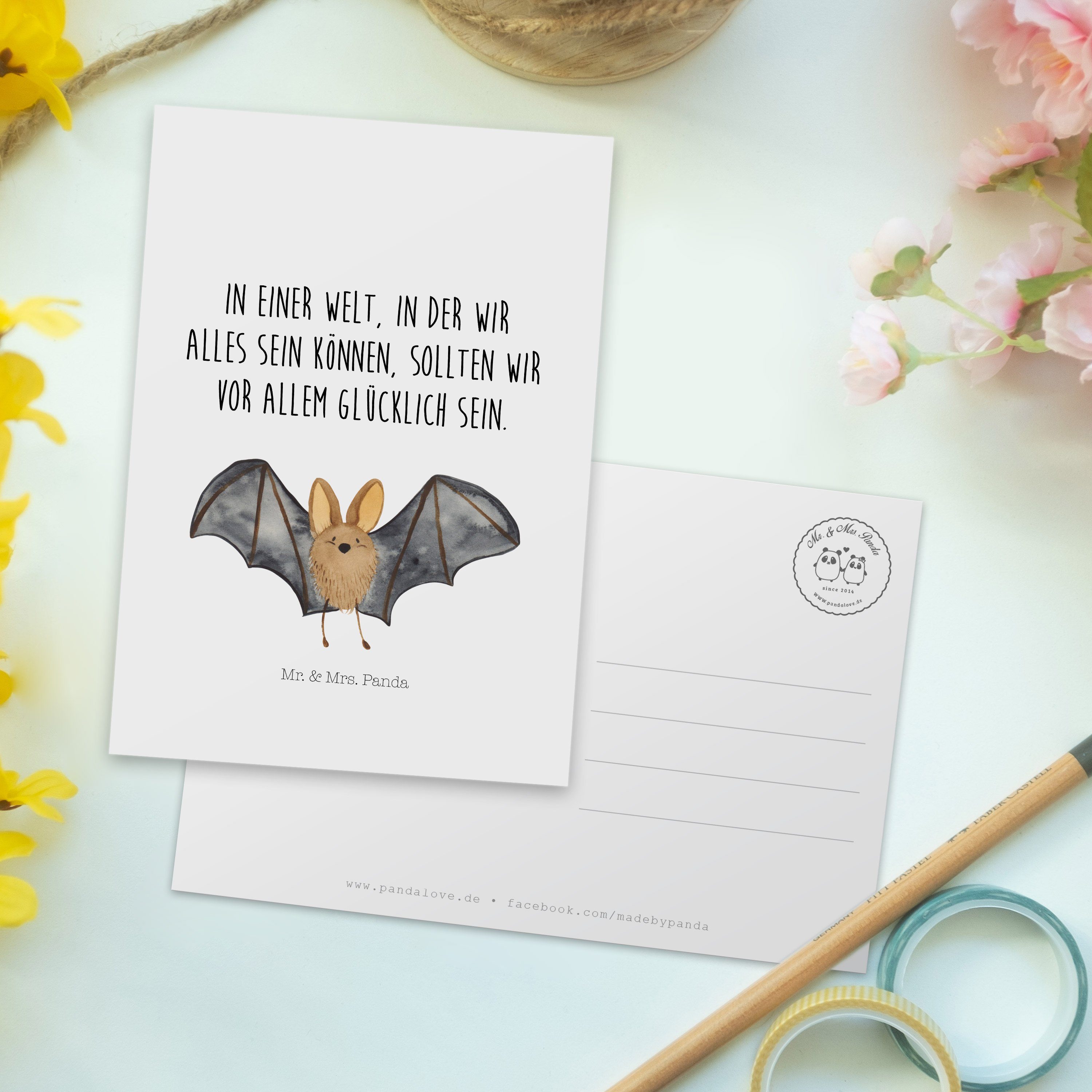 Weiß Postkarte Geschenkkarte, - Fledermaus Mr. Panda Flügel Geschenk, - Mrs. Tiermotive, Gebur &