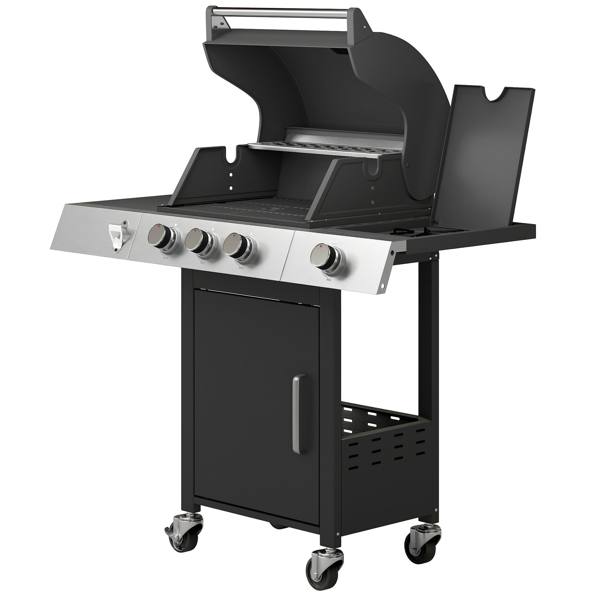 MC Star Holzkohlegrill Gasgrill 10,5 KW 3+1 Brenner BBQ Grillwagen Edelstahl inkl, Seitenbrenner Flaschenöffner Thermometer Gusseisen-Grillrost