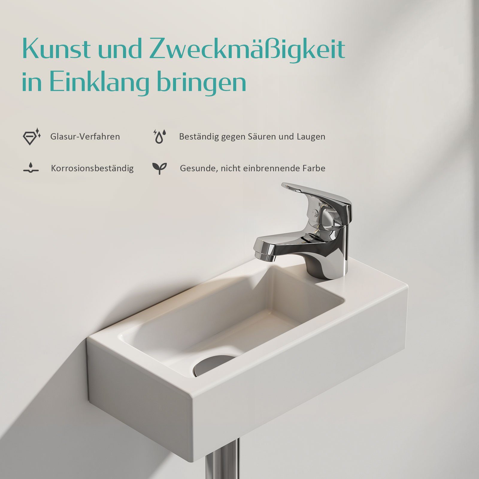 EMKE Waschbecken Hängewaschbecken, Aufsatzwaschbecken aus Keramik für Bad /Gäste-WC, mit Hahnlöcher Rechts,Waschschale Eckig Weiß Spülbecken – Bild 5 von 5