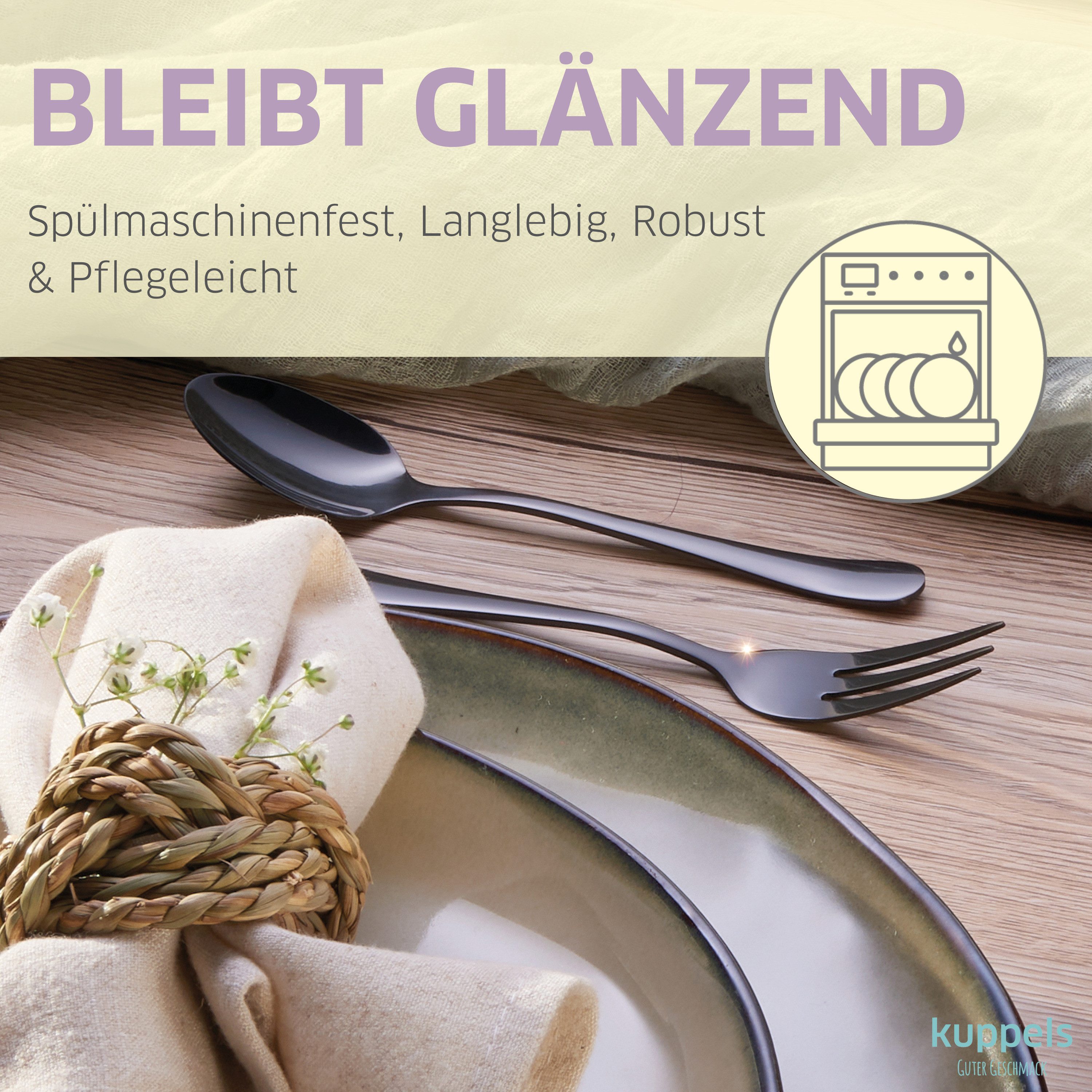 Kuppels Besteck-Set DELIA (30-tlg), 6 Personen, Edelstahl Rostfrei 18/0, Handreinigung empfohlen, schwarzfarbener PVD Veredelung – Bild 4 von 5