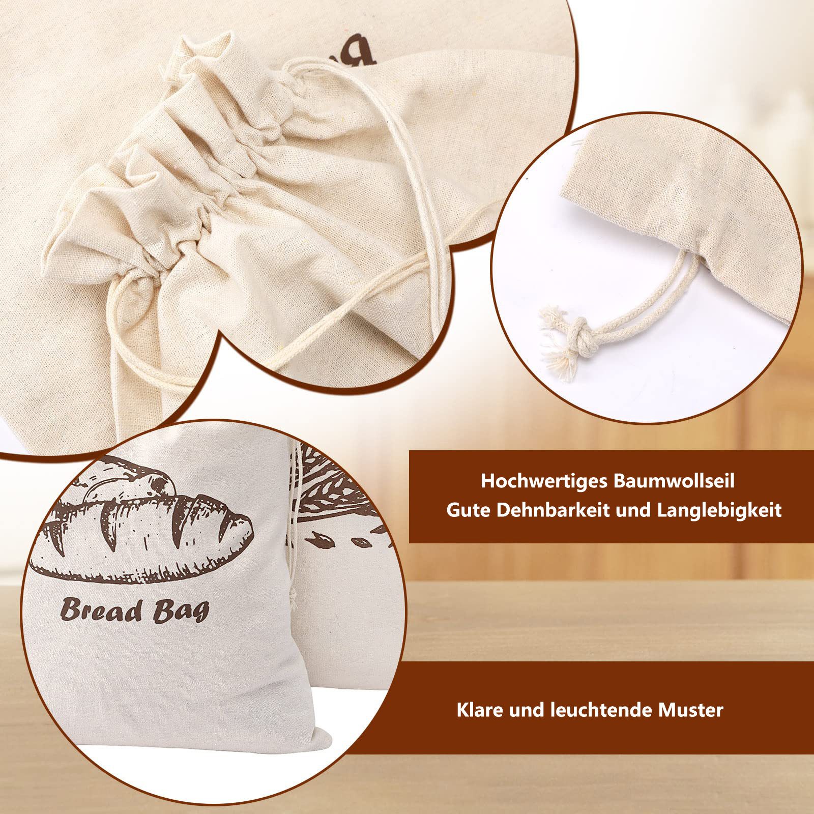 Agger Brottasche Leinen-Brotbeutel für selbstgebackenes Brot 45cm×30cm – 4 Stück, (4-tlg), Wiederverwendbar, große Aufbewahrung für handwerkliches Brot – Bild 3 von 5