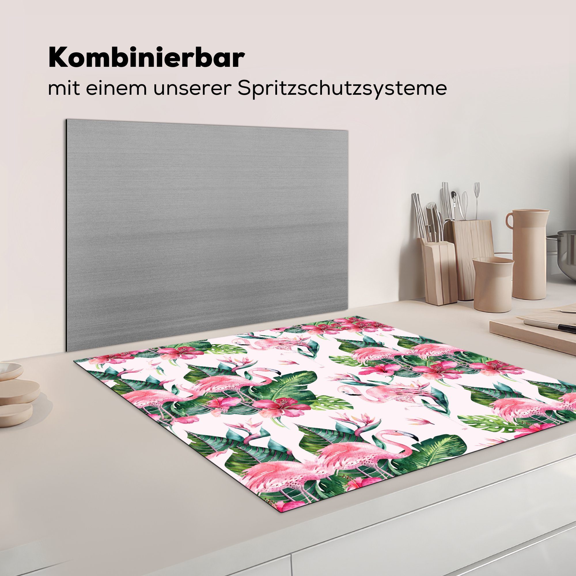 MuchoWow Herdblende-/Abdeckplatte Vinyl, - cm, (1 Arbeitsplatte Muster, Ceranfeldabdeckung, tlg), küche Blumen 78x78 - Flamingo für Blätter 