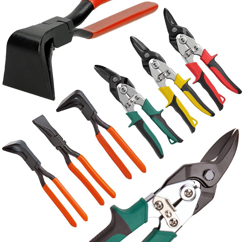 XERSEK Blechschere 6-Teilen-Set Blechzange Metallschere Falzzange Abkantzange 0º/45º/90º, (Linksschere, Rechtsschere, Geradschere, mit Gezackte Scherenblätter), Für das Schneiden und Biegen von Blech zu Hause und in der Werkstatt.