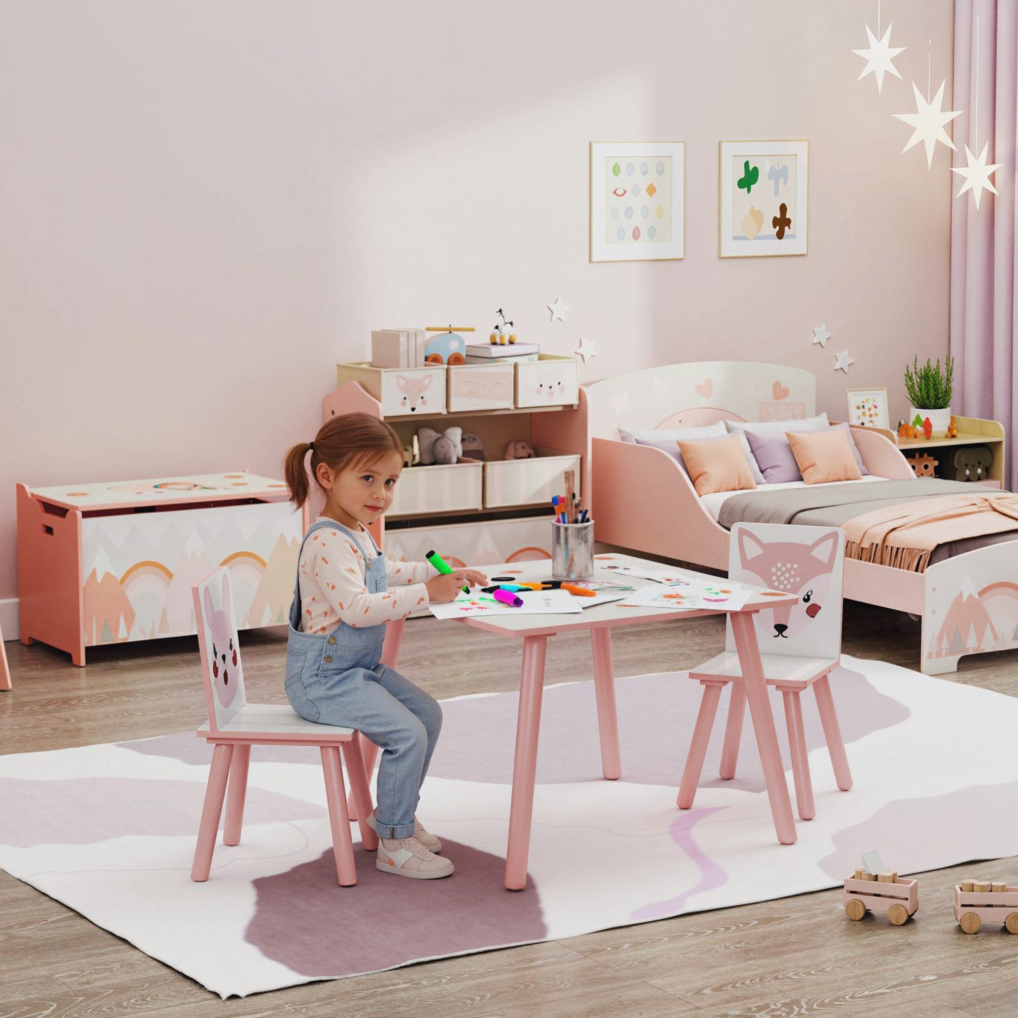 ZONEKIZ Kindersitzgruppe für Kinder von 3 bis 8 Jahren, (Kindermöbel, 3-tlg., Tische mit Stühlen für Kinder), mit Tiermustern, Rosa