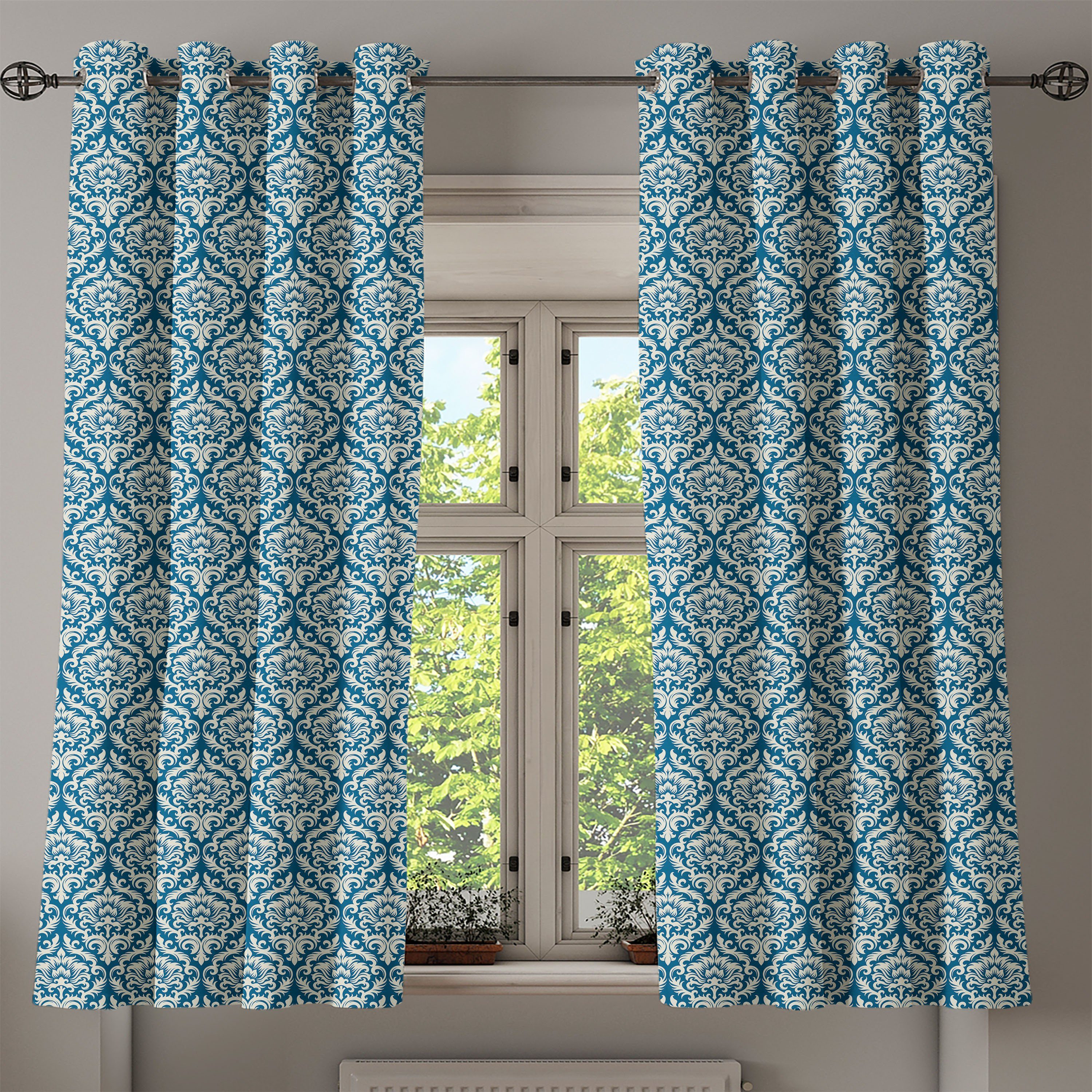 Gardine Dekorative 2-Panel-Fenstervorhänge für Damast Blumenmuster Abakuhaus, Schlafzimmer Wohnzimmer, Blaues