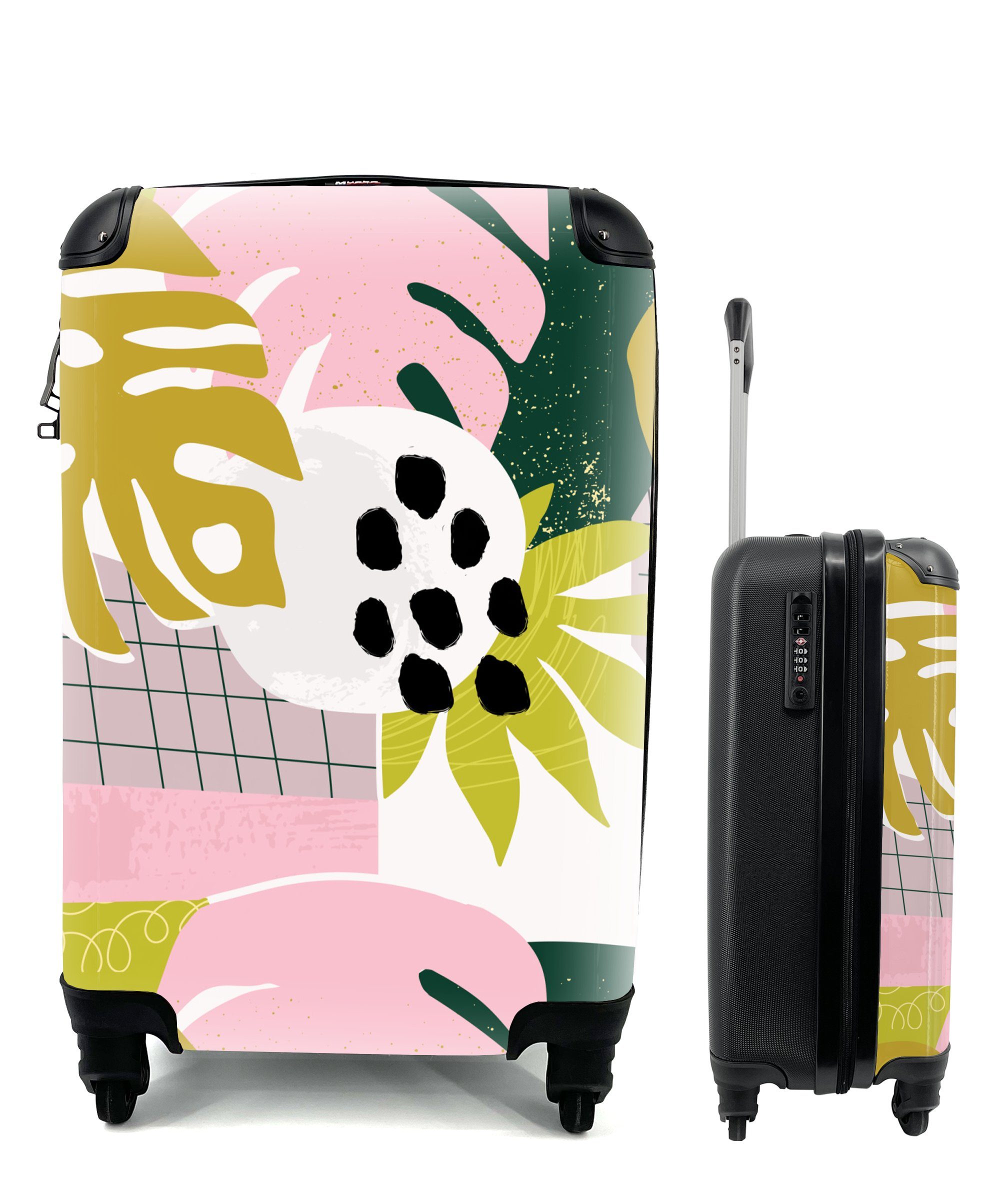 MuchoWow Handgepäckkoffer Tropische Pflanzen - Rosa - Muster, 4 Rollen, Reisetasche mit rollen, Handgepäck für Ferien, Trolley, Reisekoffer