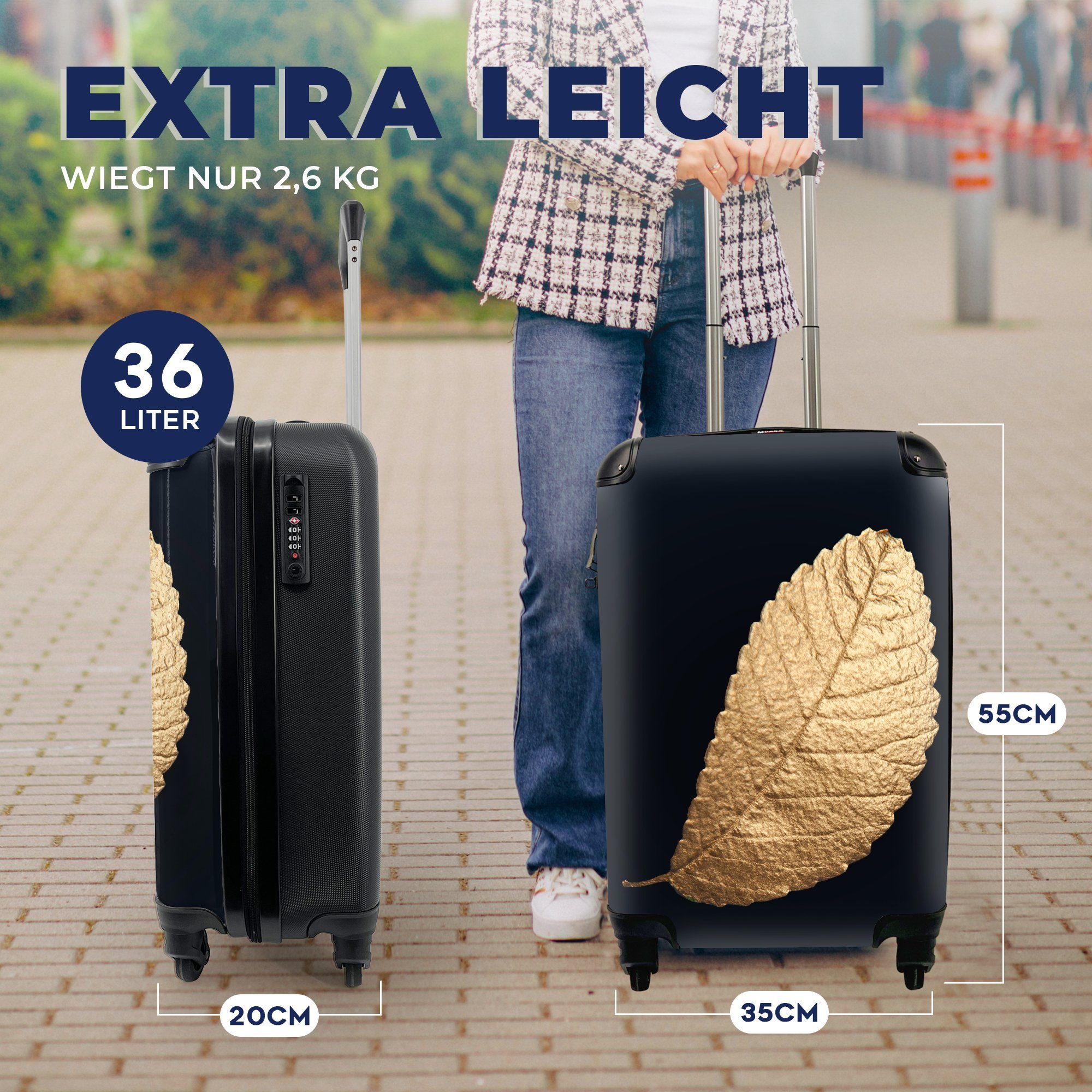 Pflanzen Handgepäck Ferien, für - Reisetasche Gold - 4 mit Luxus - Reisekoffer Handgepäckkoffer rollen, Blätter Trolley, - MuchoWow Schwarz Natur, - Rollen,