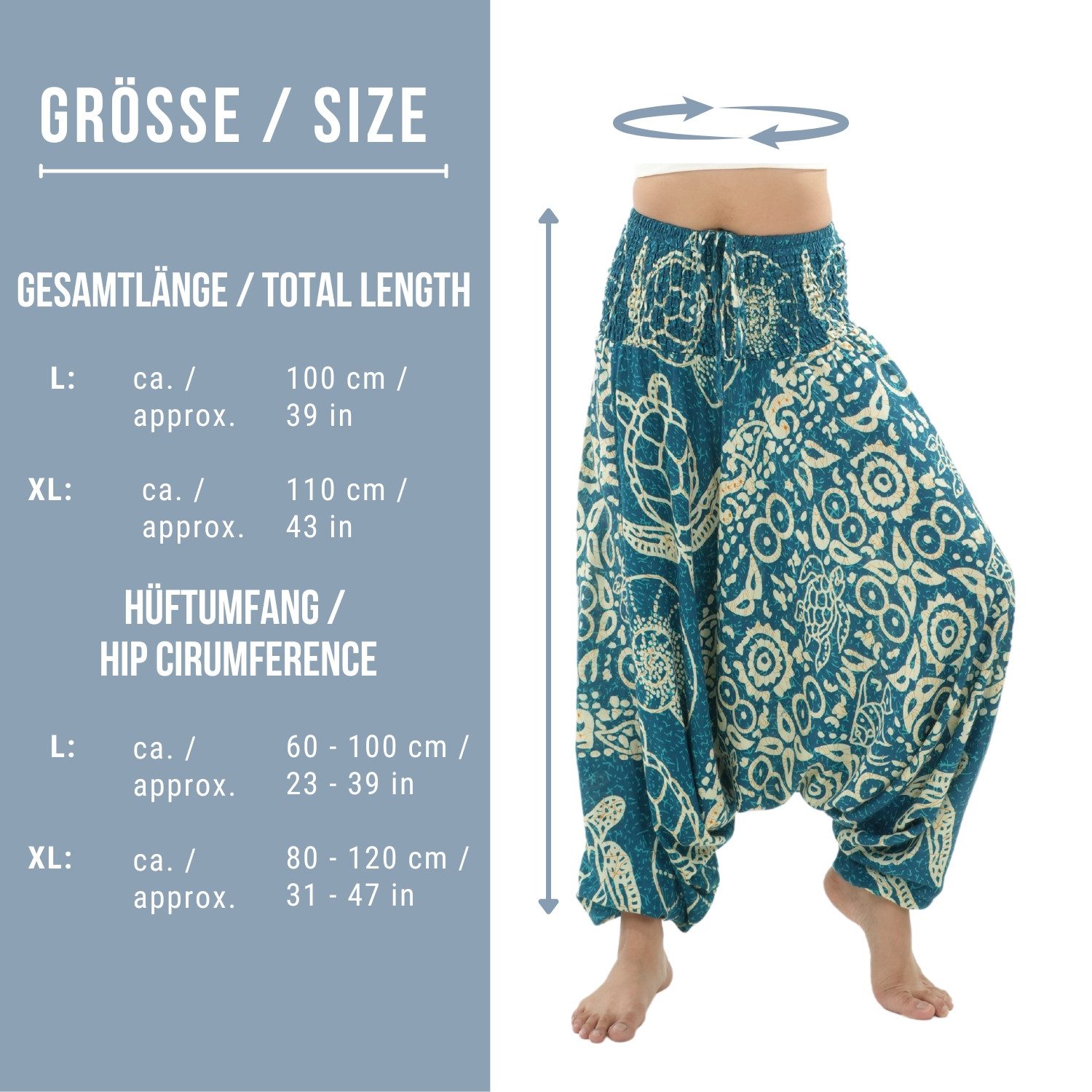 PANASIAM Haremshose Aladinhose aus 100% Viskose weite Haremshose mit breitem Gummibund tropische Genie Hose Buddha Hose Relaxhose lockere Sommerhose Pumphose