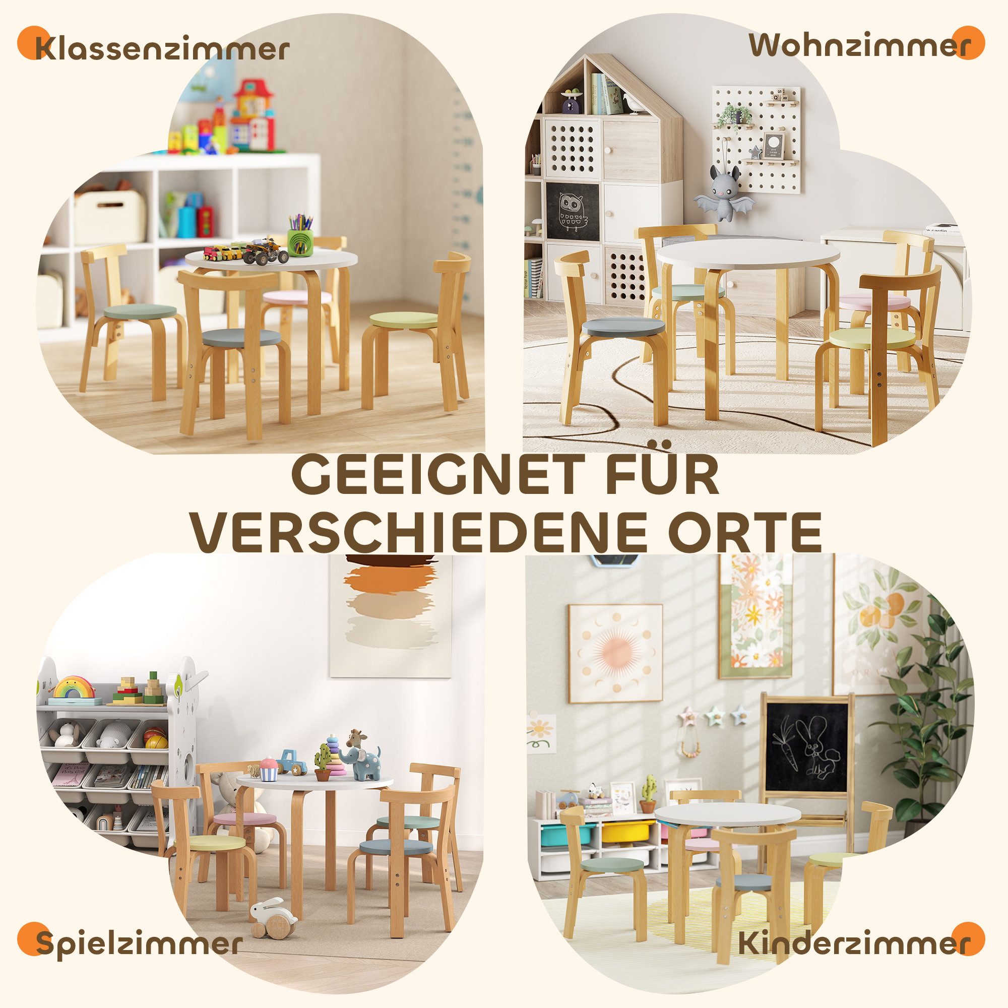 AIYAPLAY Children's Seating Set, Weight Capacity up to 80 kg, (Children's Furniture, 5-piece, 5-piece Set with Table and Chairs), for Children 3-8 Years Old, Multicolor