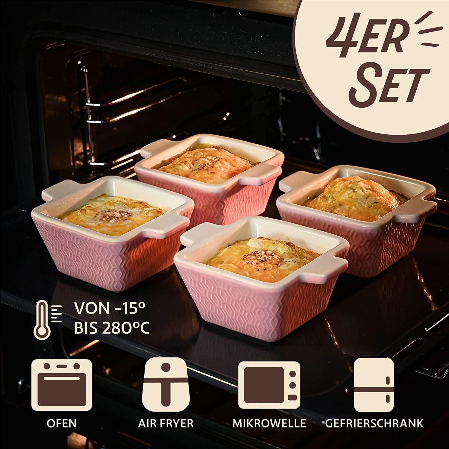 Praknu Auflaufform Mini Auflaufform Keramik 4er Set Stapelbar - Extra Hoch - Kratz und, Keramik, (4-St), Für Ofen & Airfryer geeignet - Backofenfest - Spülmaschinengeeignet