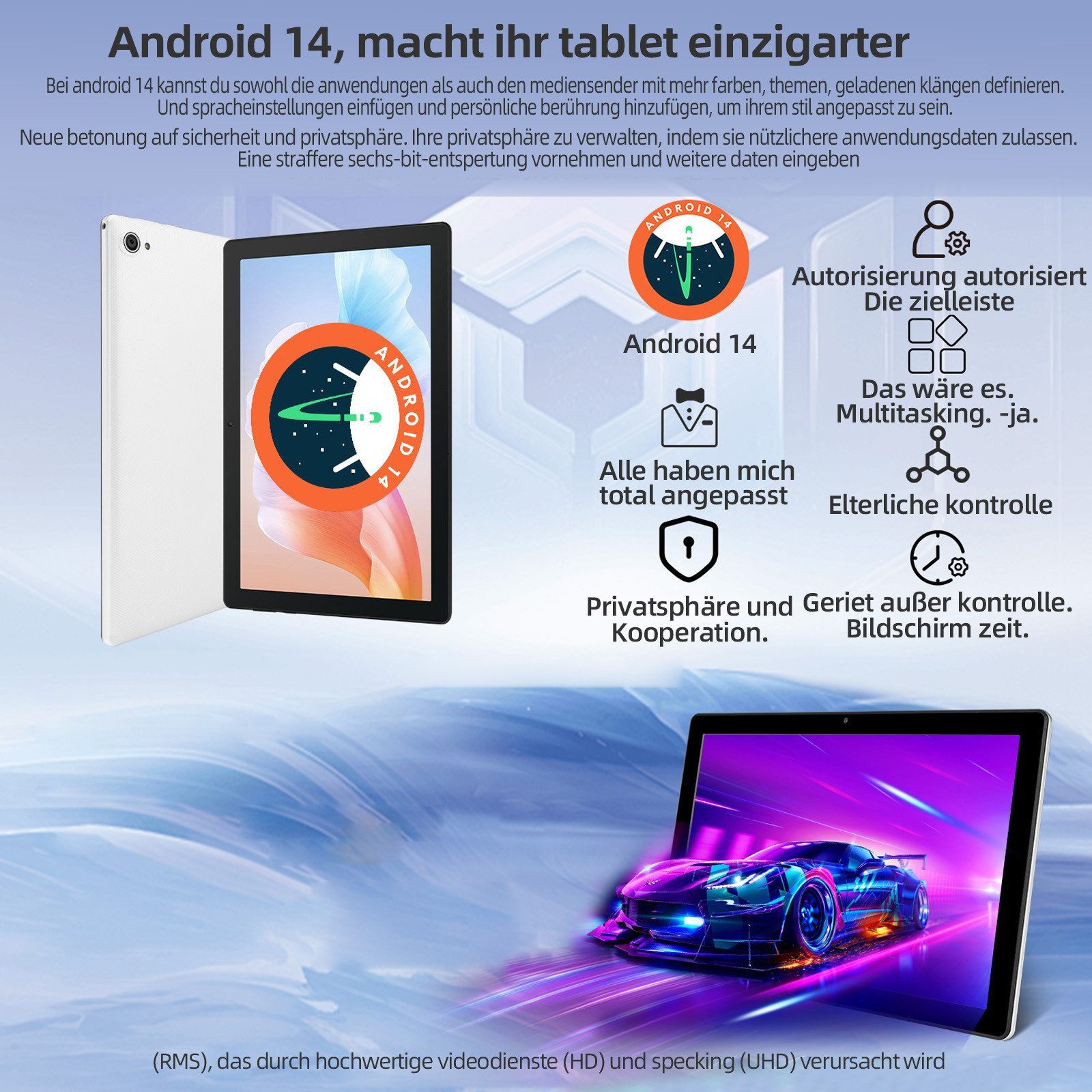 BUFO 10 Zoll 64GB ROM, HD Display, 5000 mAh, WiFi 6 Bluetooth Tablet (10", 64 GB, Android 14, 2,4G/5G WiFi, mit Blaulichtfilter, OTG-Übertragung, Gesichtsauthentifizierung)