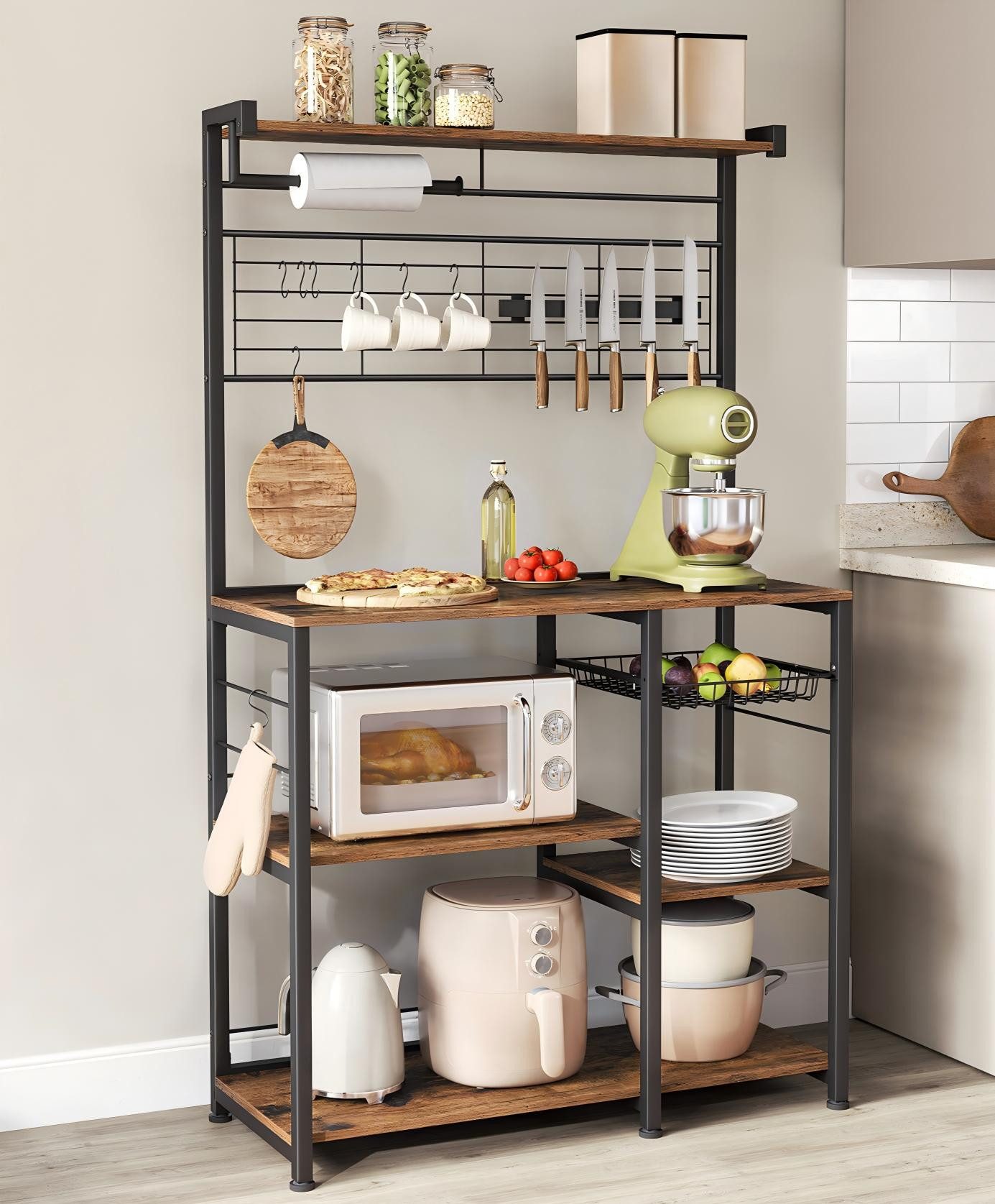 VASAGLE Standregal, Küchenregal, mit Magnetleiste für Messer, Drahtkorb, Rollenhalter