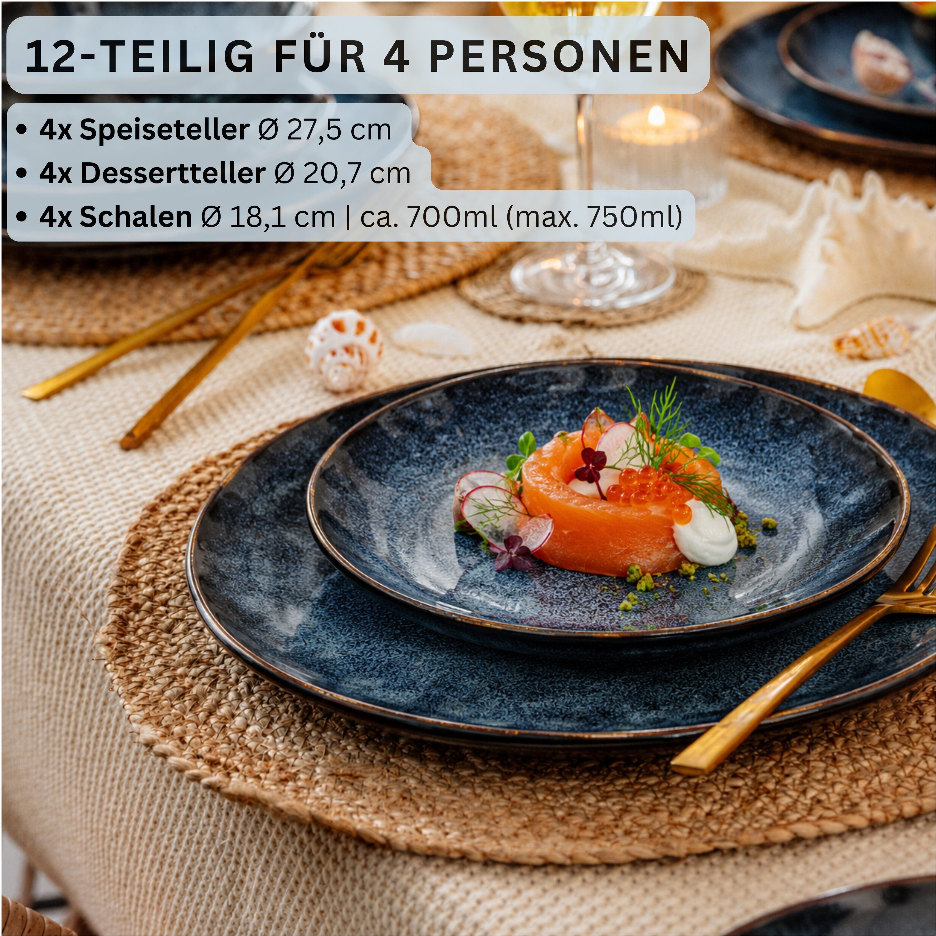 SÄNGER Tafelservice Tokio Geschirrset (12-tlg), 4 Personen, Steingut, Blau Schwarz, Handmade, Premium Collection