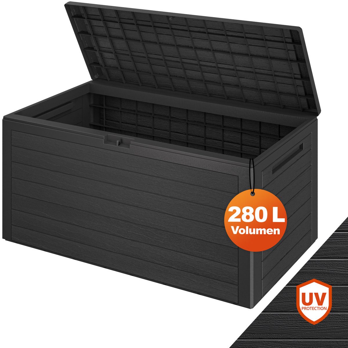 Casaria Auflagenbox Woody, 280L UV-stabil Griffmulden Verschließbar Balkon Holz-Optik Anthrazit