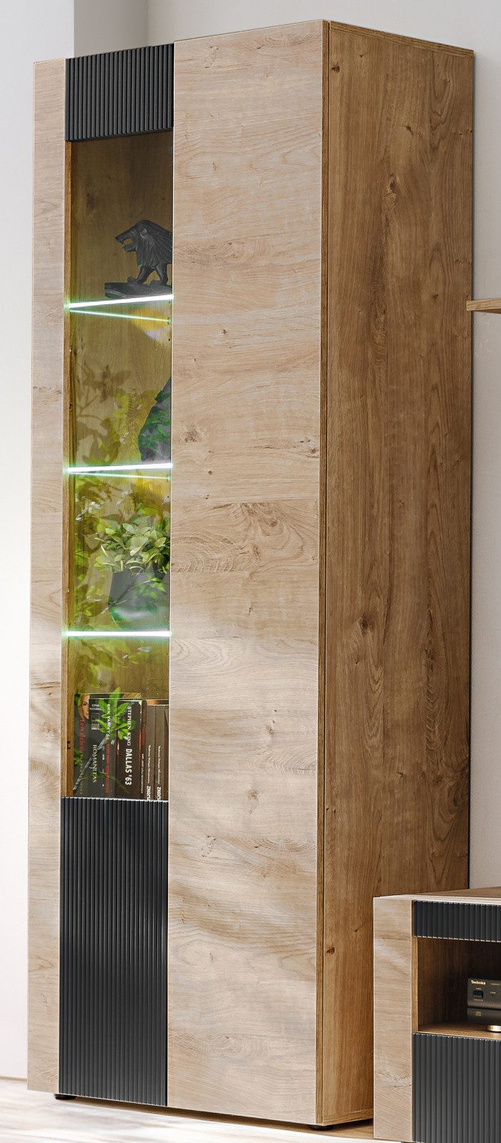 Inn.Furn Vitrine Heron (Vitrinenschrank in Eiche mit Schwarz, 11 Fächer, 70 x 192 cm) mit Push-To-Open, inklusive LED Beleuchtung