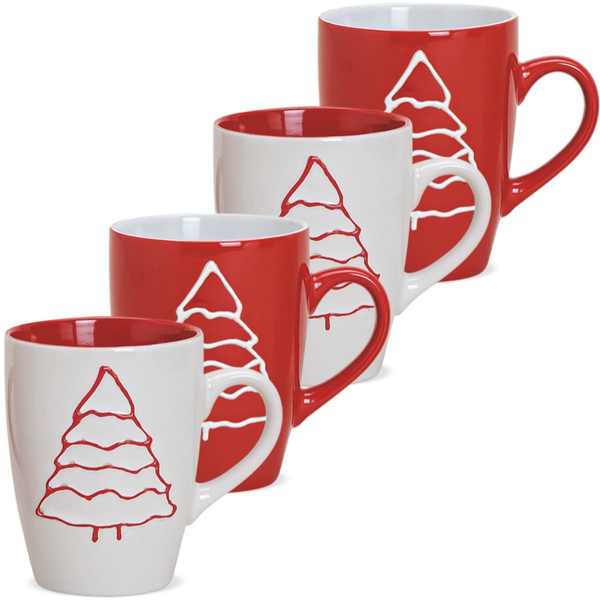 Tasse Weihnachtstassen 4er Set einfarbig Tannenbaum Relief Design