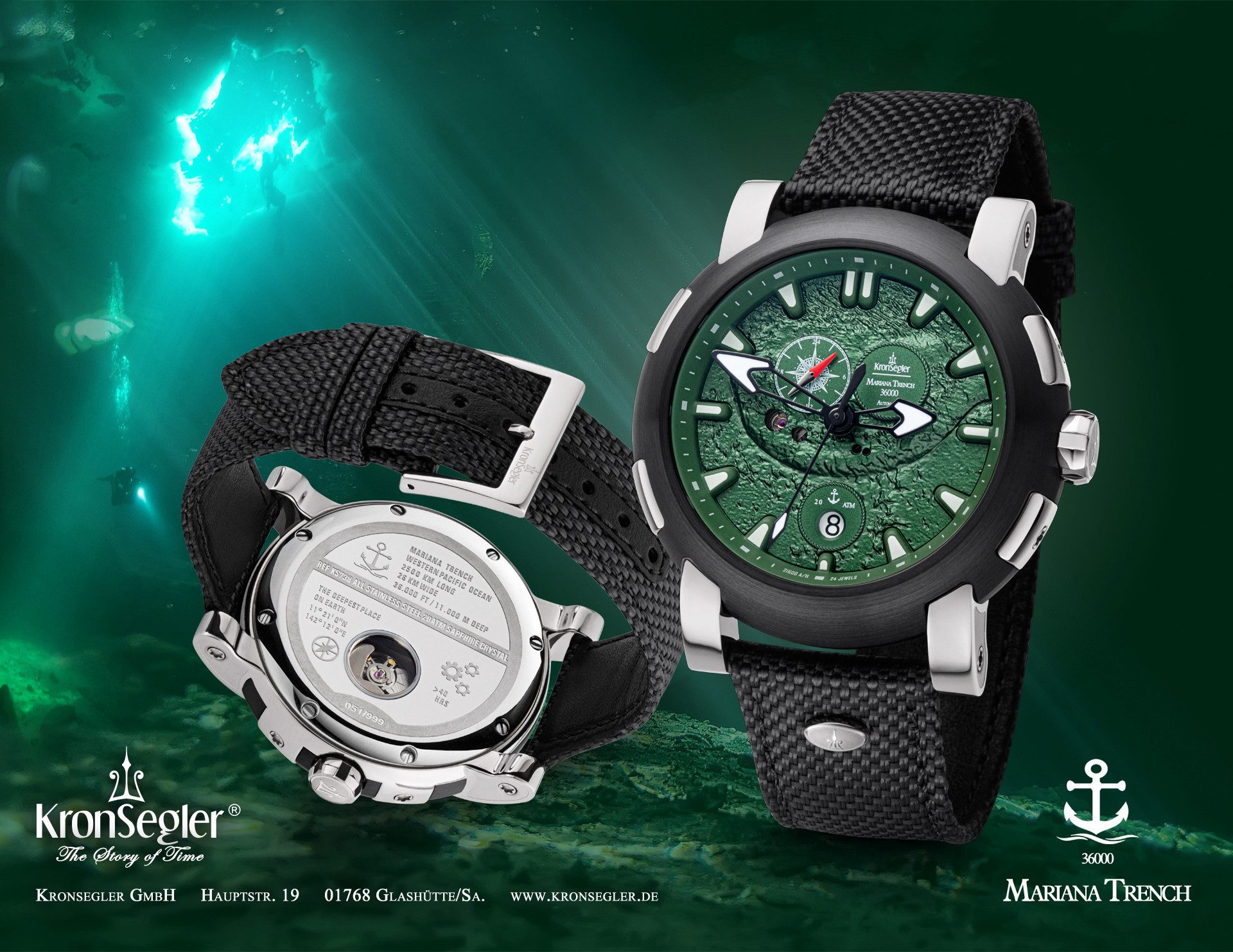 Kronsegler Automatikuhr Mariana Trench Herrenuhr 20 ATM wasserdicht, mit verschraubter Krone und Saphirglas