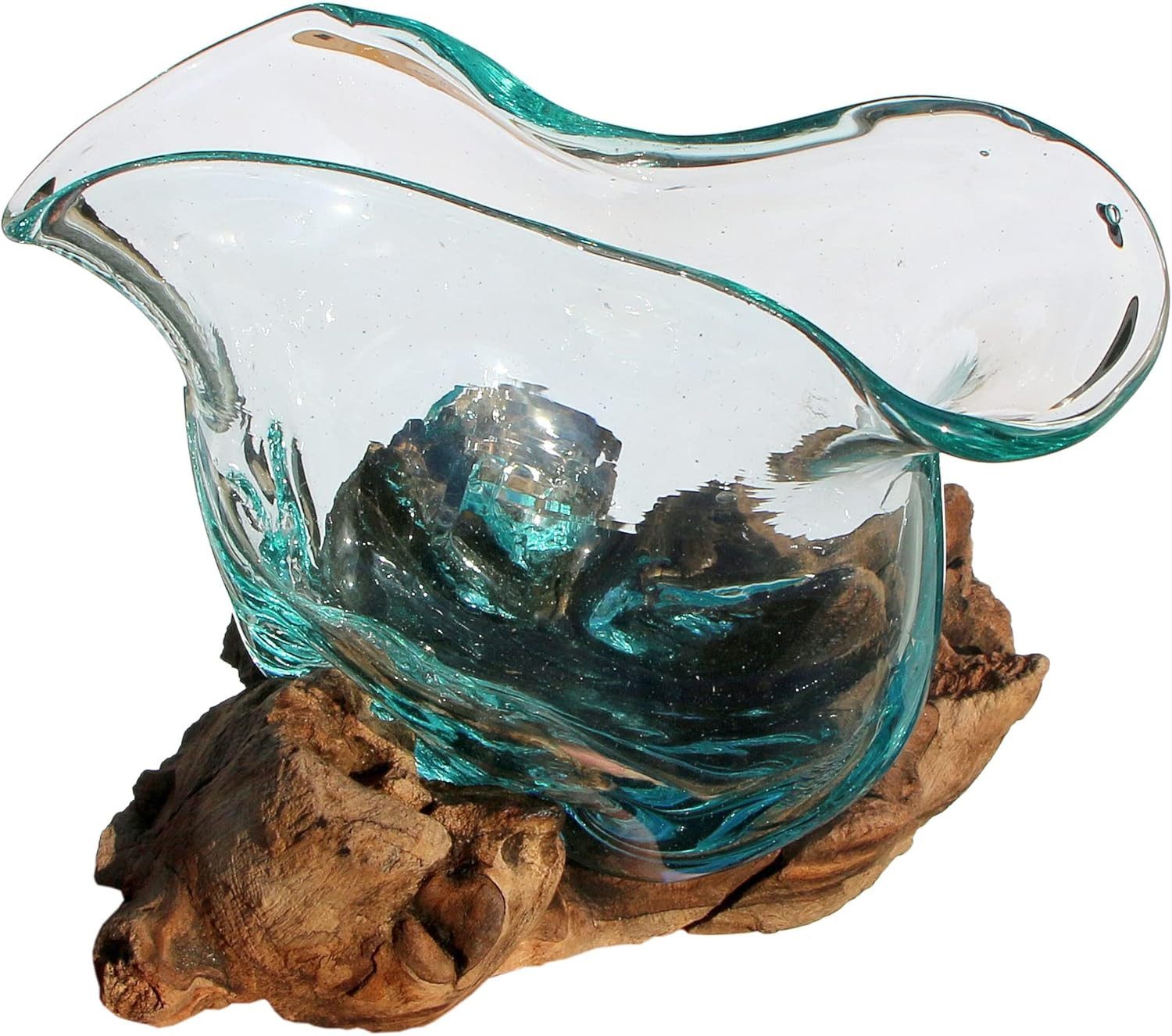 Dekovase Glas-Vase Rimini auf Wurzelholz Kanne Teakholz Gamal Bali Schale