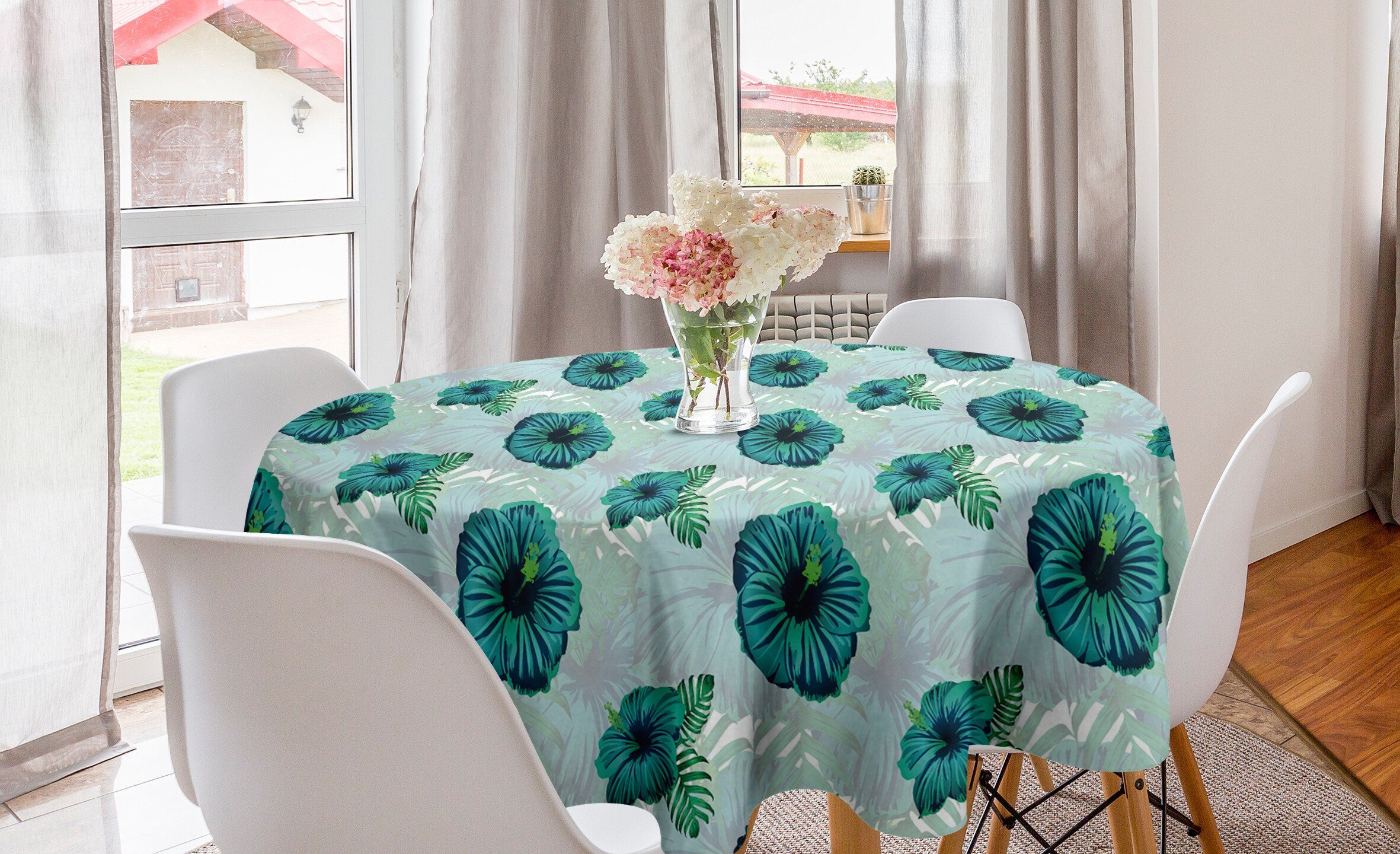 Abakuhaus Tischdecke Kreis Tischdecke Abdeckung für Esszimmer Küche Dekoration, Tropisch Hawaiian Jungle Hibiscus