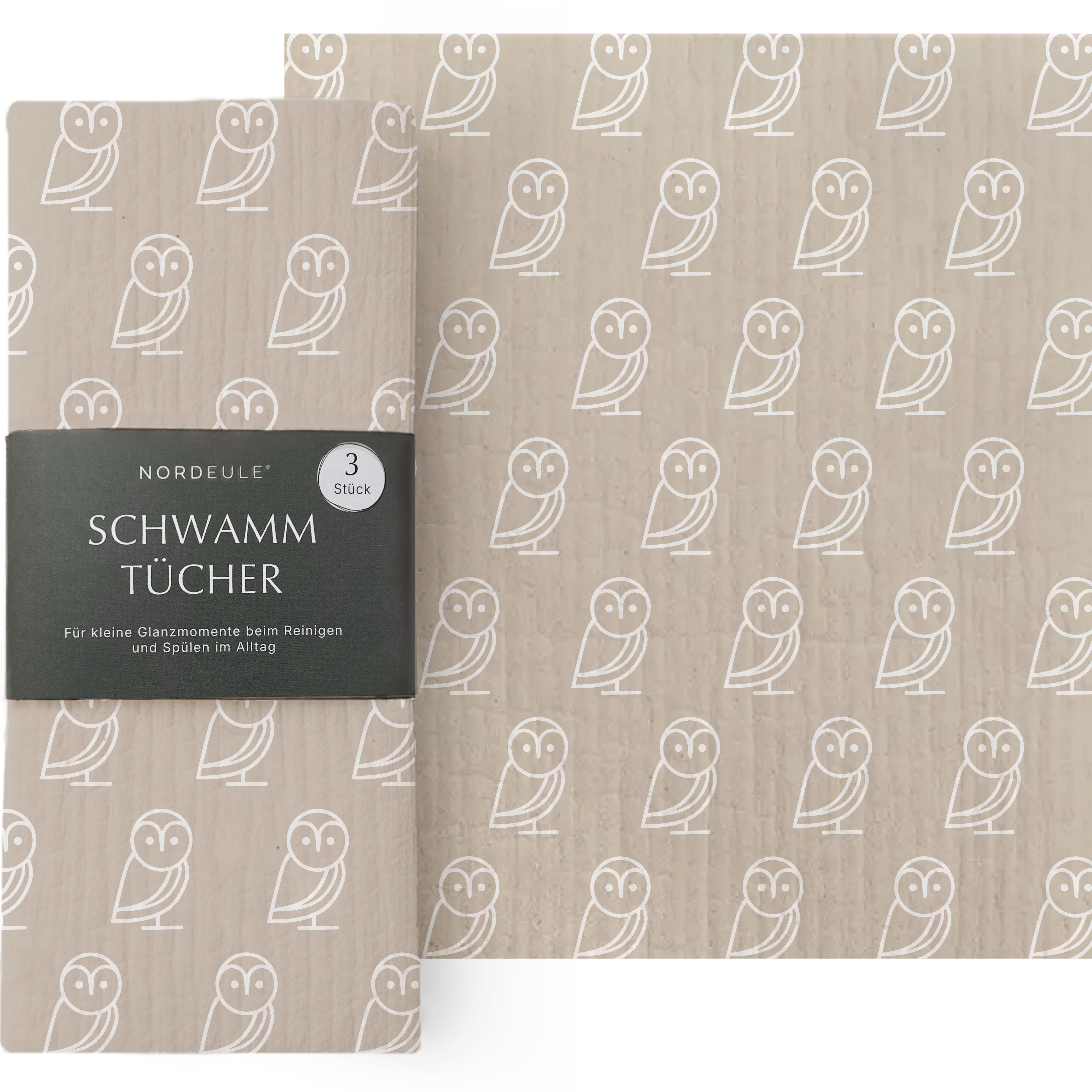 NORDEULE Schwammtuch Eulen Muster 3 Stück Beige Weiß, Skandi Design für Küchenutensilien, ideales Geschenk & Mitbringsel für das ganze Jahr für Freunde, Familie