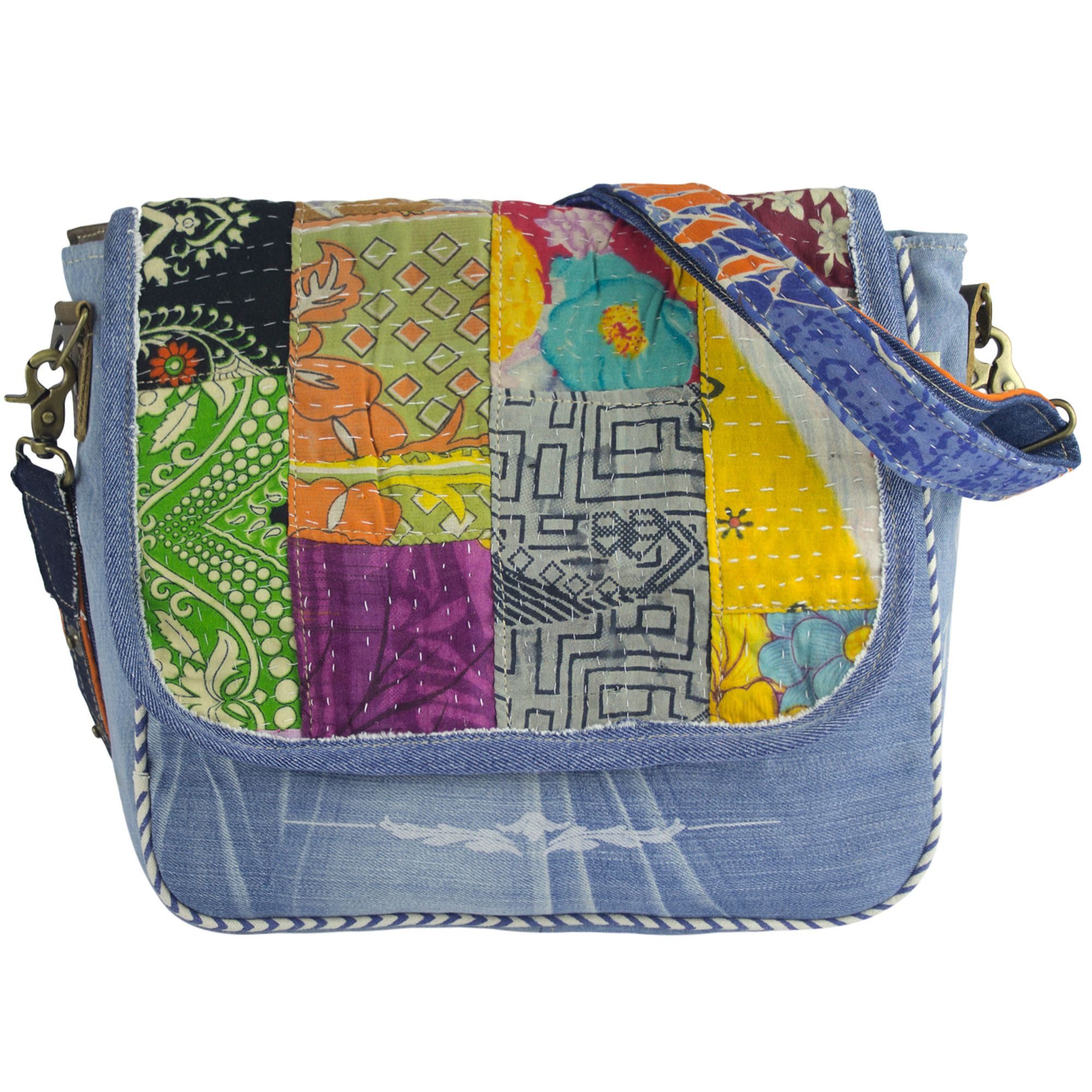 Sunsa Umhängetasche Upcycling Messenger Tasche Recycling Sari & Jeansstoff Jeanstasche, verstell- und abnehmbarer Schultergurt, recycelter Sari & Jeansstoff