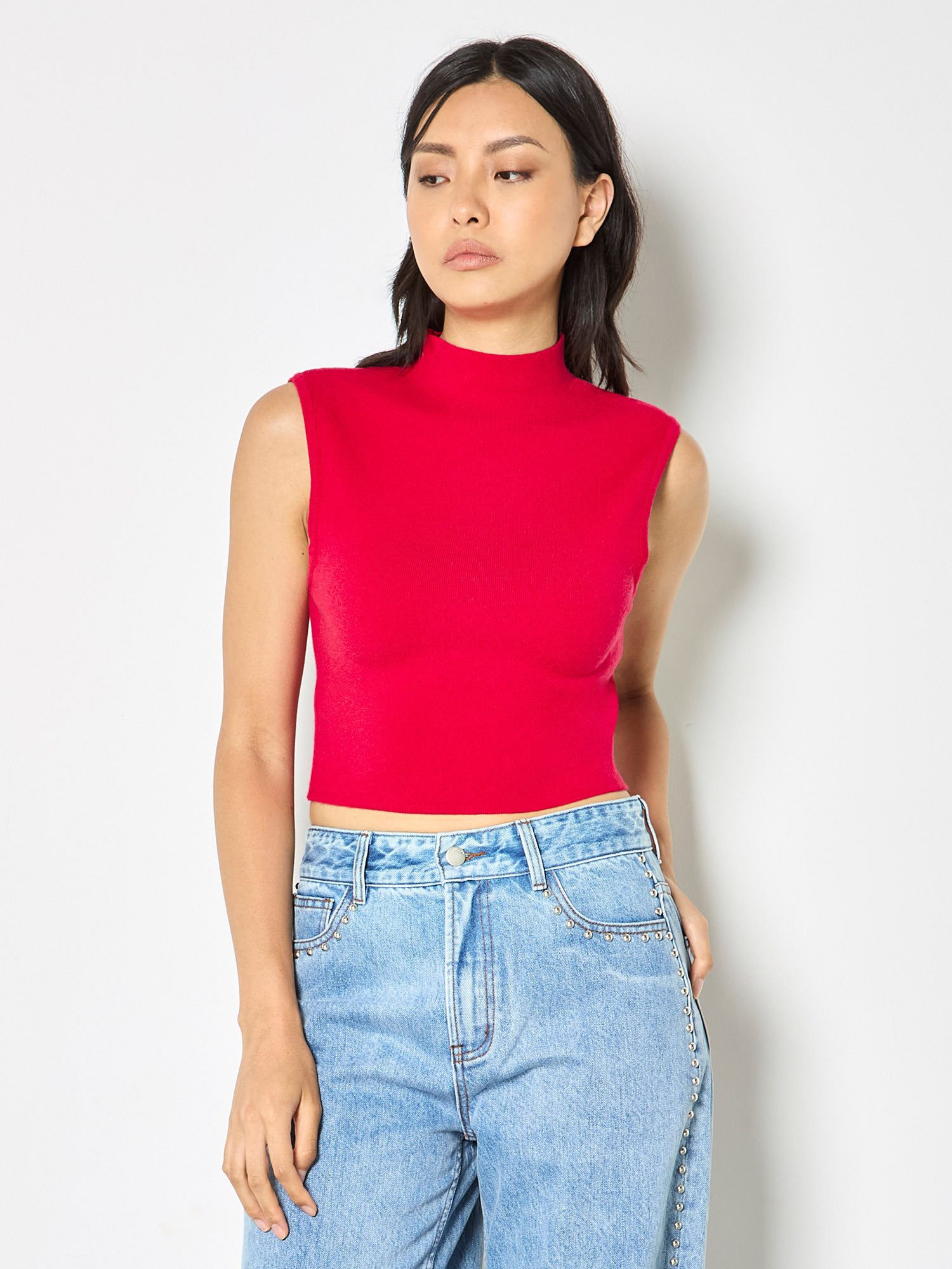 Apricot Crop-Top Hochgeschlossenes Strick-Crop-Top in unifarben
