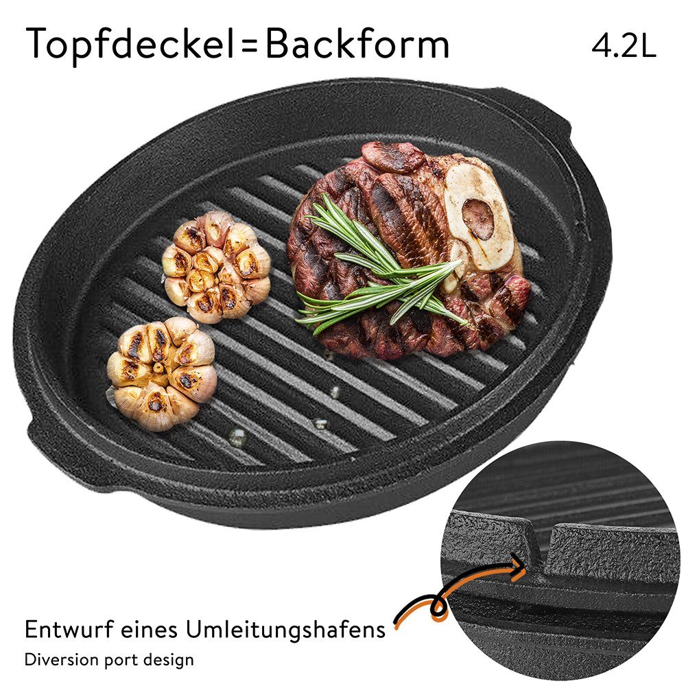Mucola Feuertopf Dutch Oven Gusseisen Kochtopf Feuertopf Gusstopf Feuerkessel, Gusseisen (Stück, inkl. Deckelheber), robust