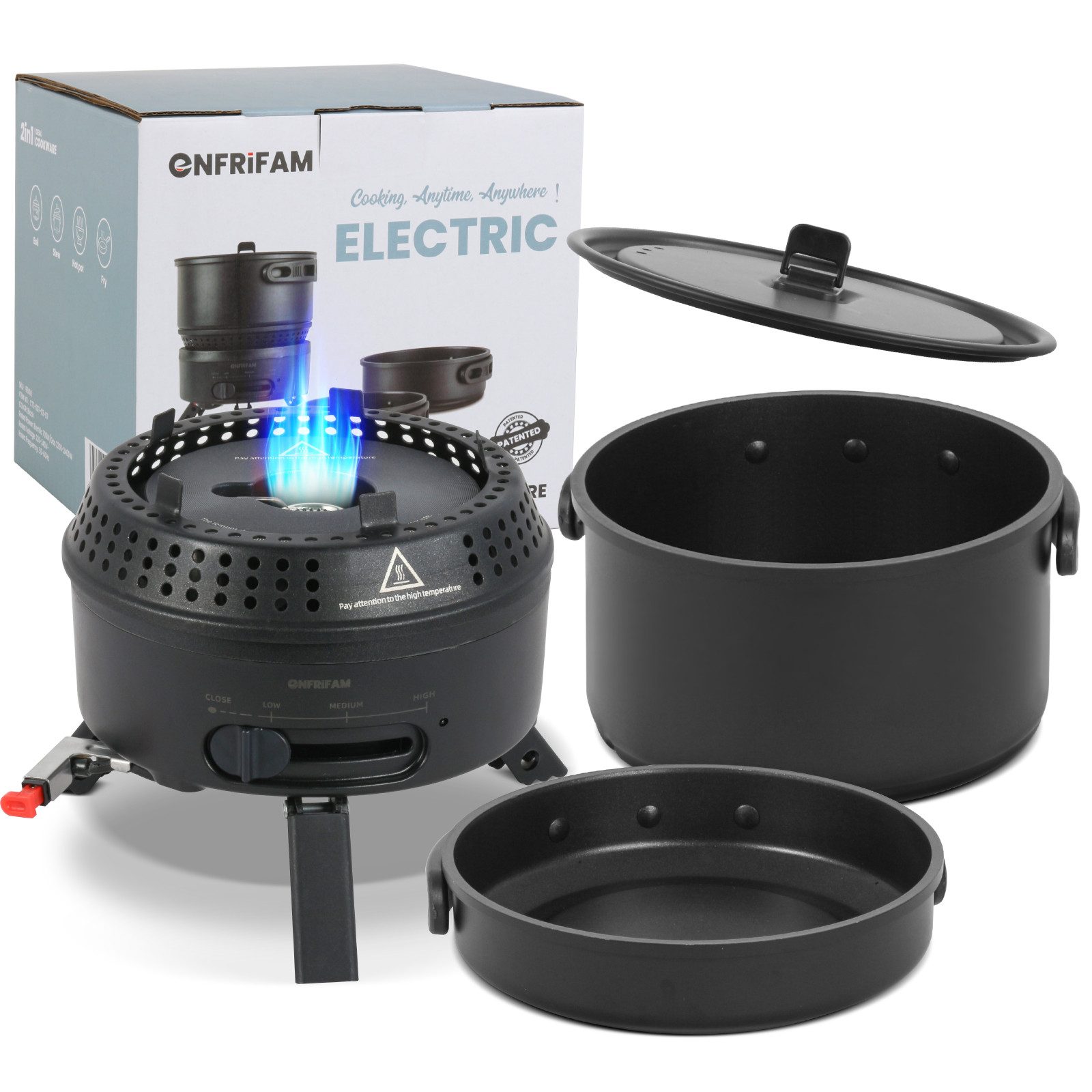 Gaskocher Campingkocher Set mit Topf und Pfannen, 2 in1 Elektro & Gaskocher