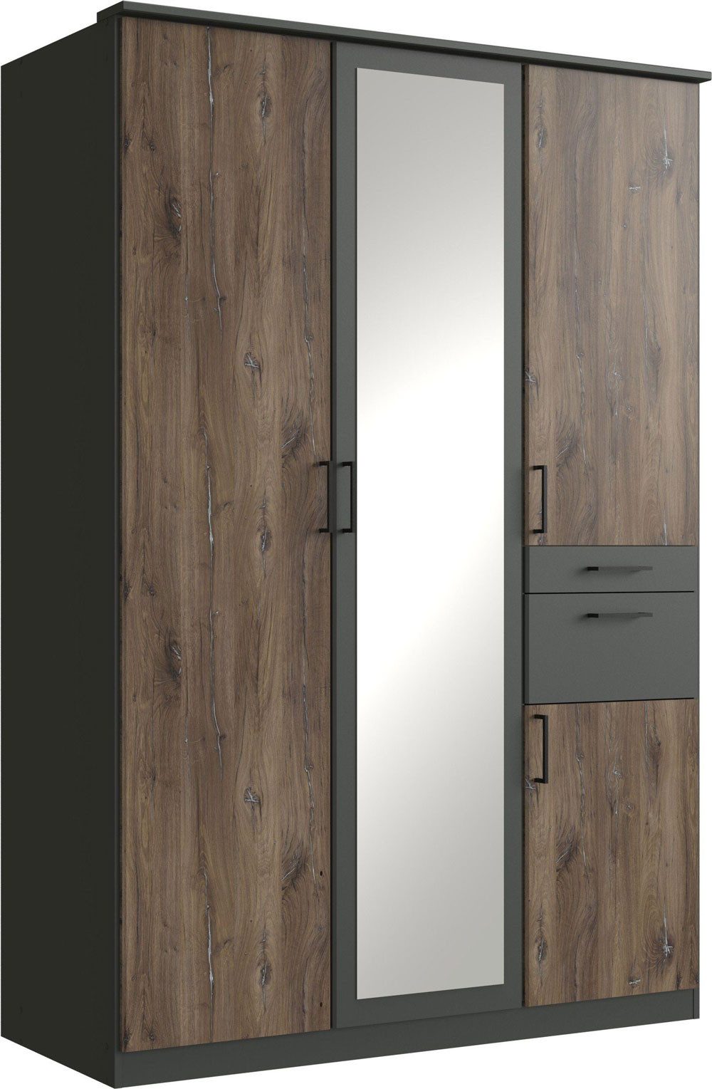 Wimex Kleiderschrank Hennef (mit Türen, Schubladen, Einlegeböden, Kleiderstangen, 1-St., moderne Optik, Spiegel, mit Accessoirefach, schwarze Griffe) 135x58x198cm graphit / Flagstaff Eiche