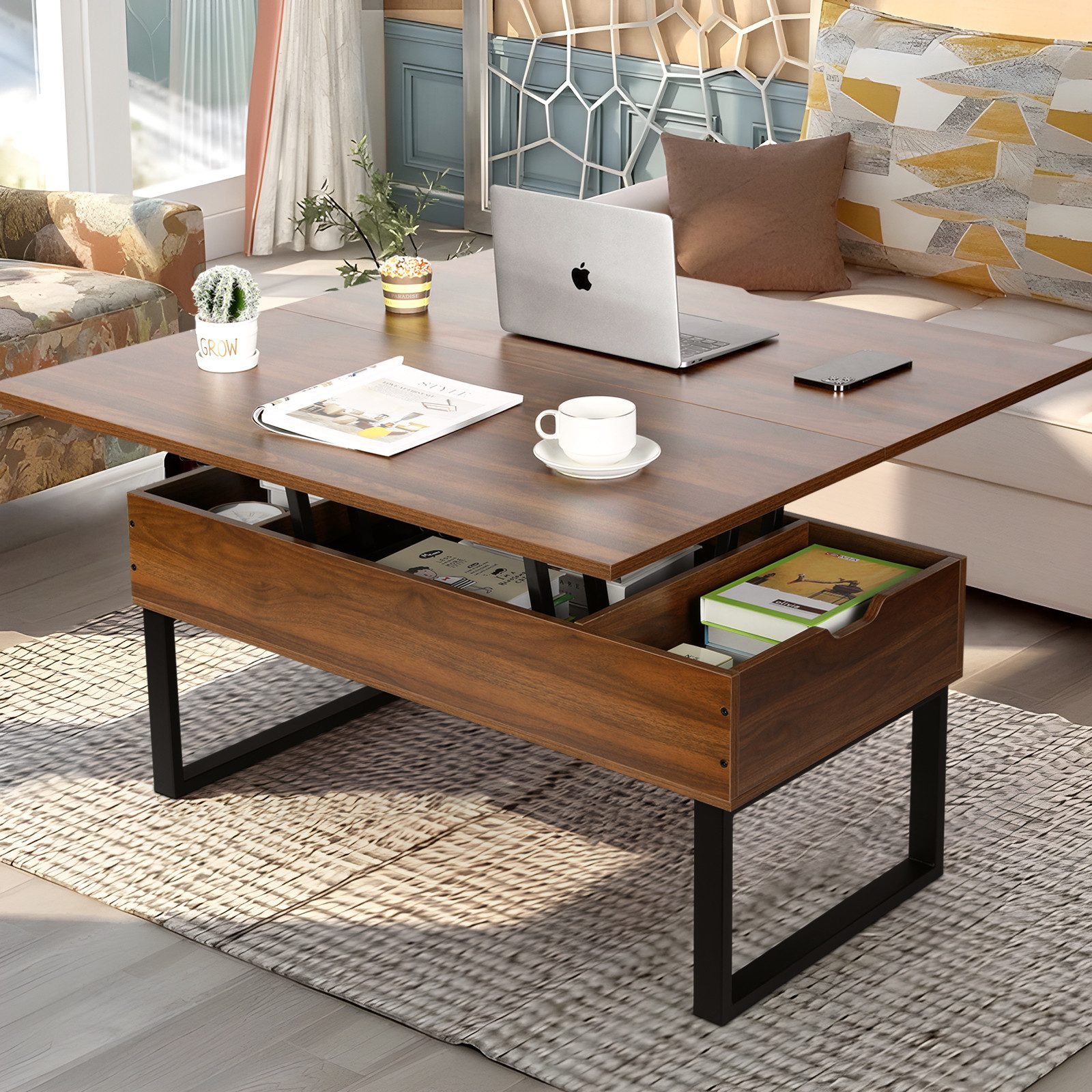 VOWNER Couchtisch 3-in-1 Mehrzweck-Wohnzimmertisch, höhenverstellbar, Esstisch, 100 × 50 × 45 cm/100 × 100 × 45 cm