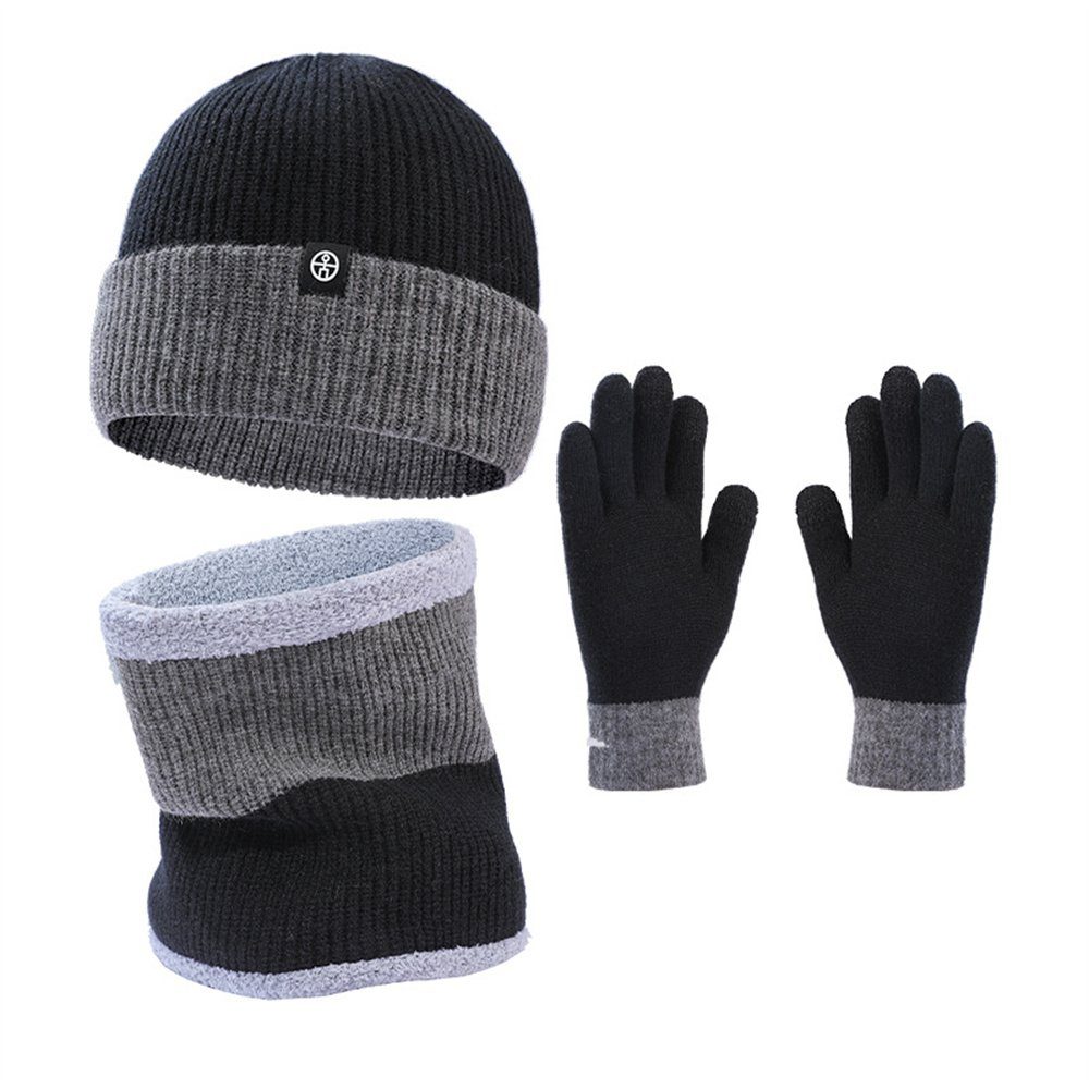 Rouemi Mütze & Schal Strickmützen-Set,Warme kalte Mütze Schal Handschuhe Dreiteiliges Set Schwarz