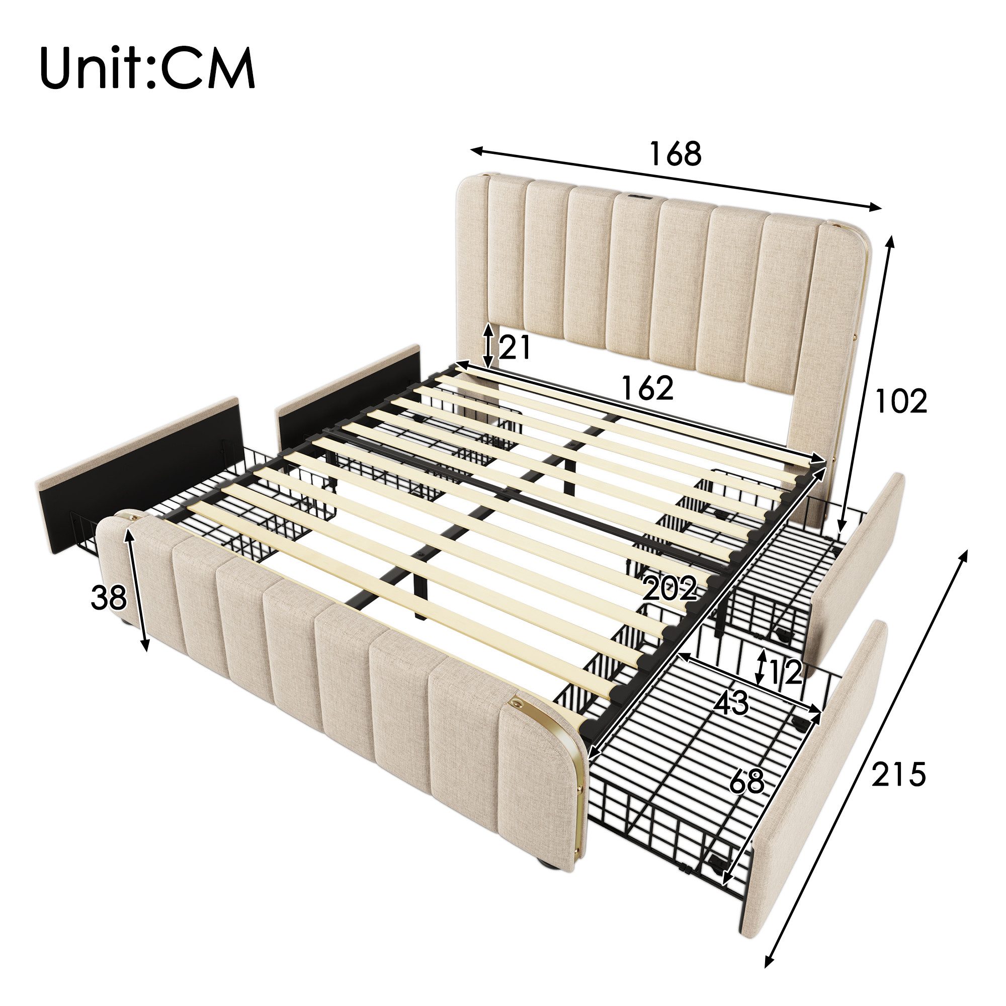 TavilaEcon Polsterbett Kopfteil Fußteil mit goldenen Zierstreifen, USB Typ- günstig online kaufen