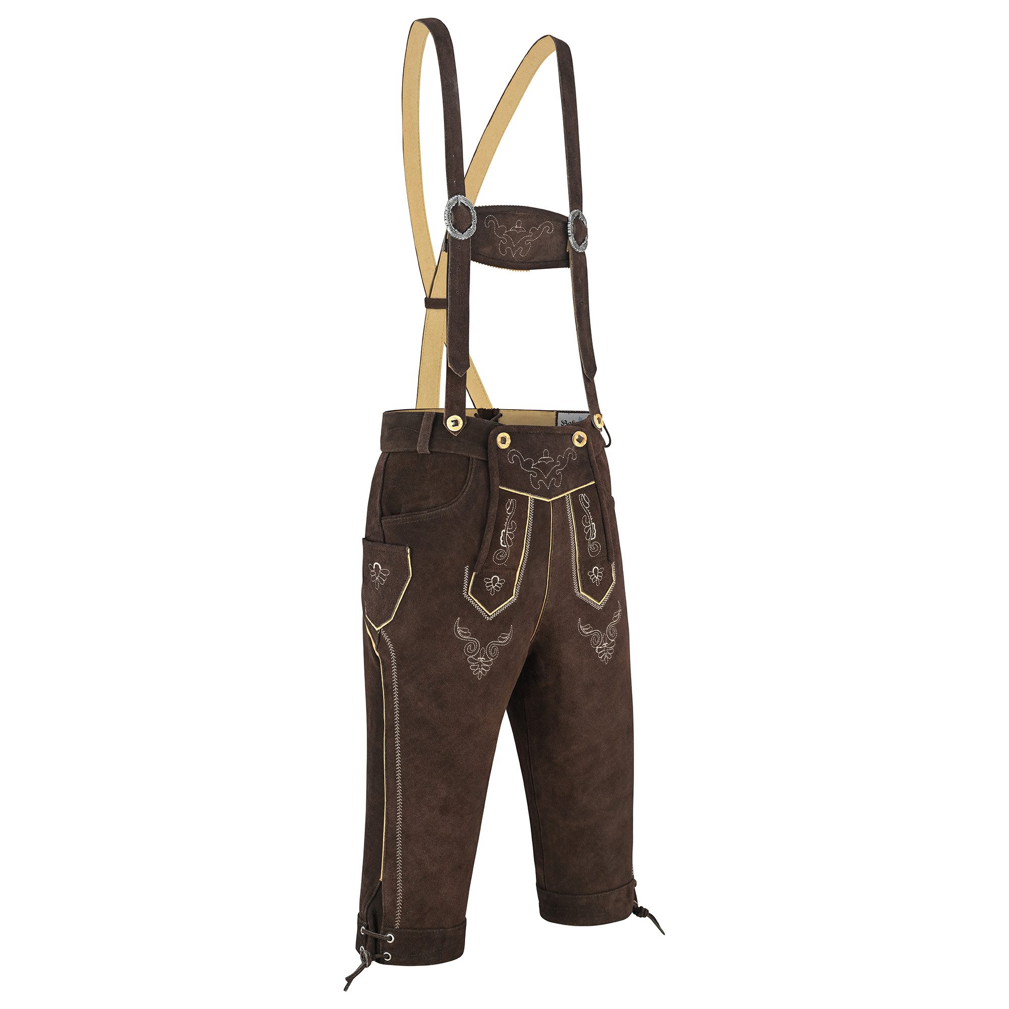 BOHMBERG Trachtenlederhose Herren Kniebund Lederhose Echtleder inkl. Hosenträger Braun – Bild 2 von 5