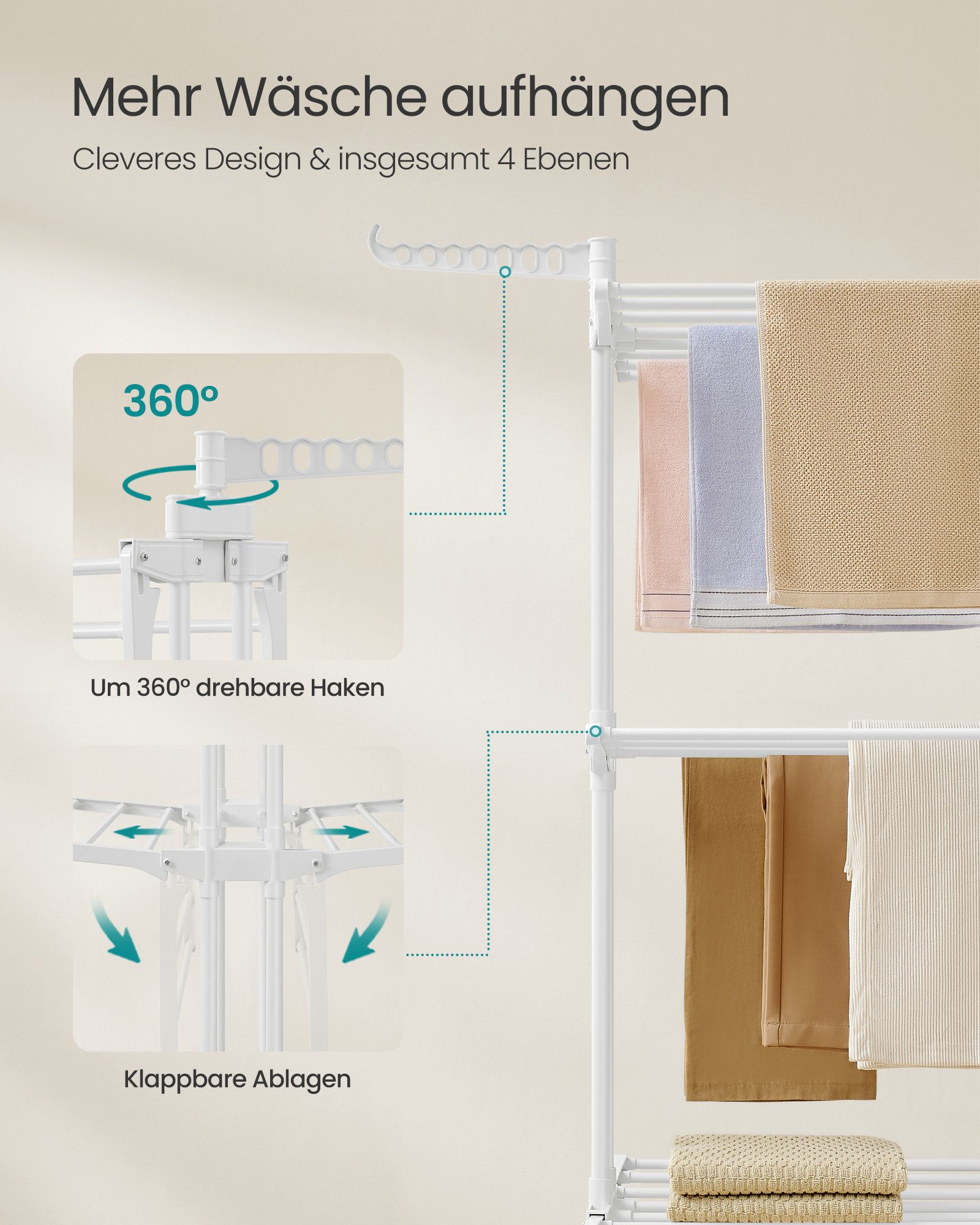 SONGMICS Wäscheständer Turm Standtrockner 4 Ebenen, Flügelwäscheständer, einfacher Aufbau, klappbare Flügel, mit Rollen, 63,5 x 128 x 173 cm – Bild 5 von 5