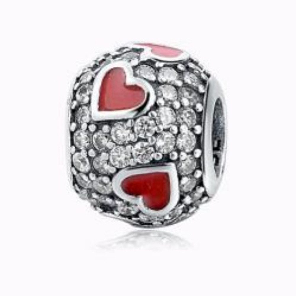 PANDACHARMS Bead Rote Herzen auf Silber Pavé Charm für Charm Armband, Silber, Zirkonia