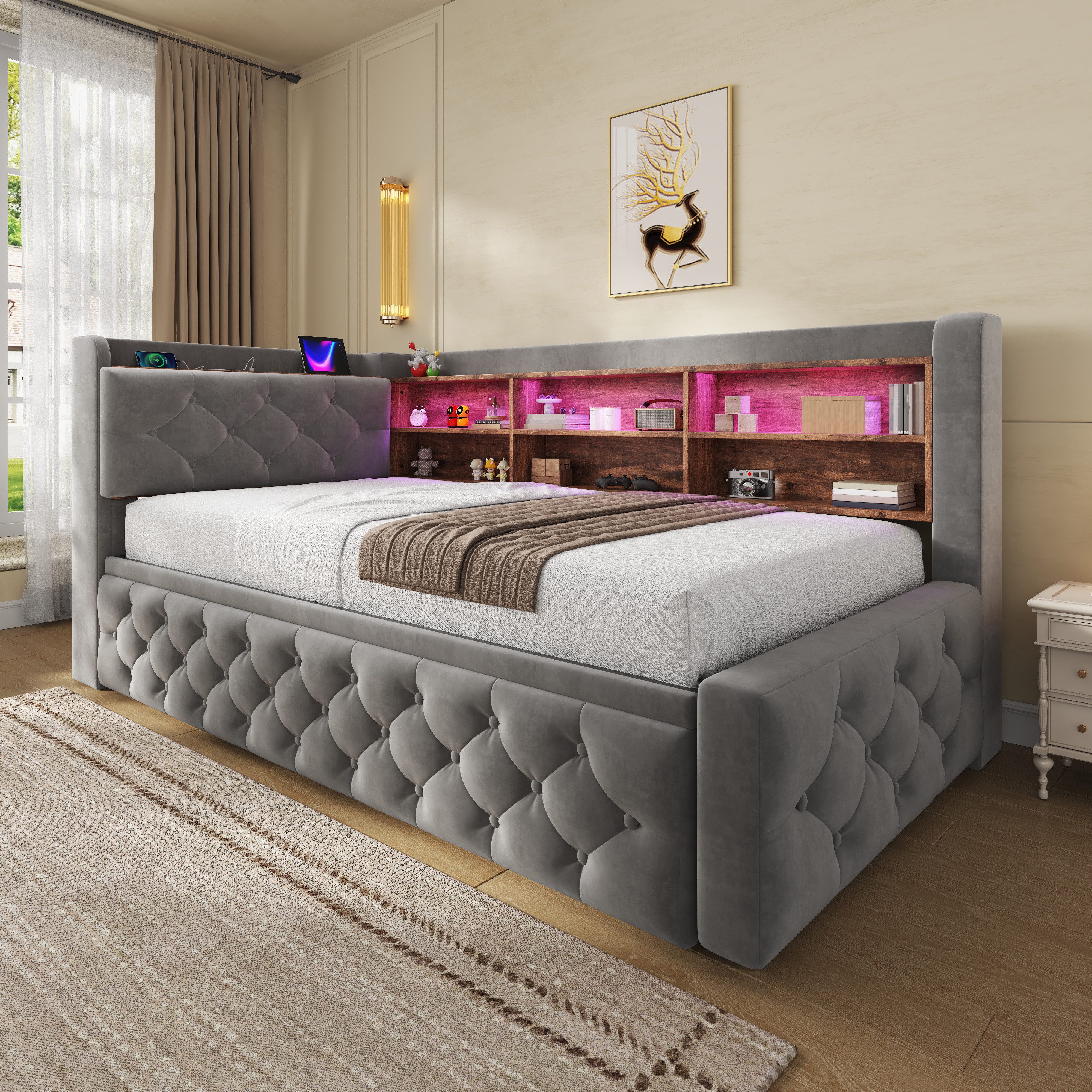 TavilaEcon Schlafsofa mit Stauraum-Armlehne, Holz-Kopfteil Ablage und LED Licht, 1 Teile, mit USB & Type-C, Lattenrost, 90x190 cm, grau