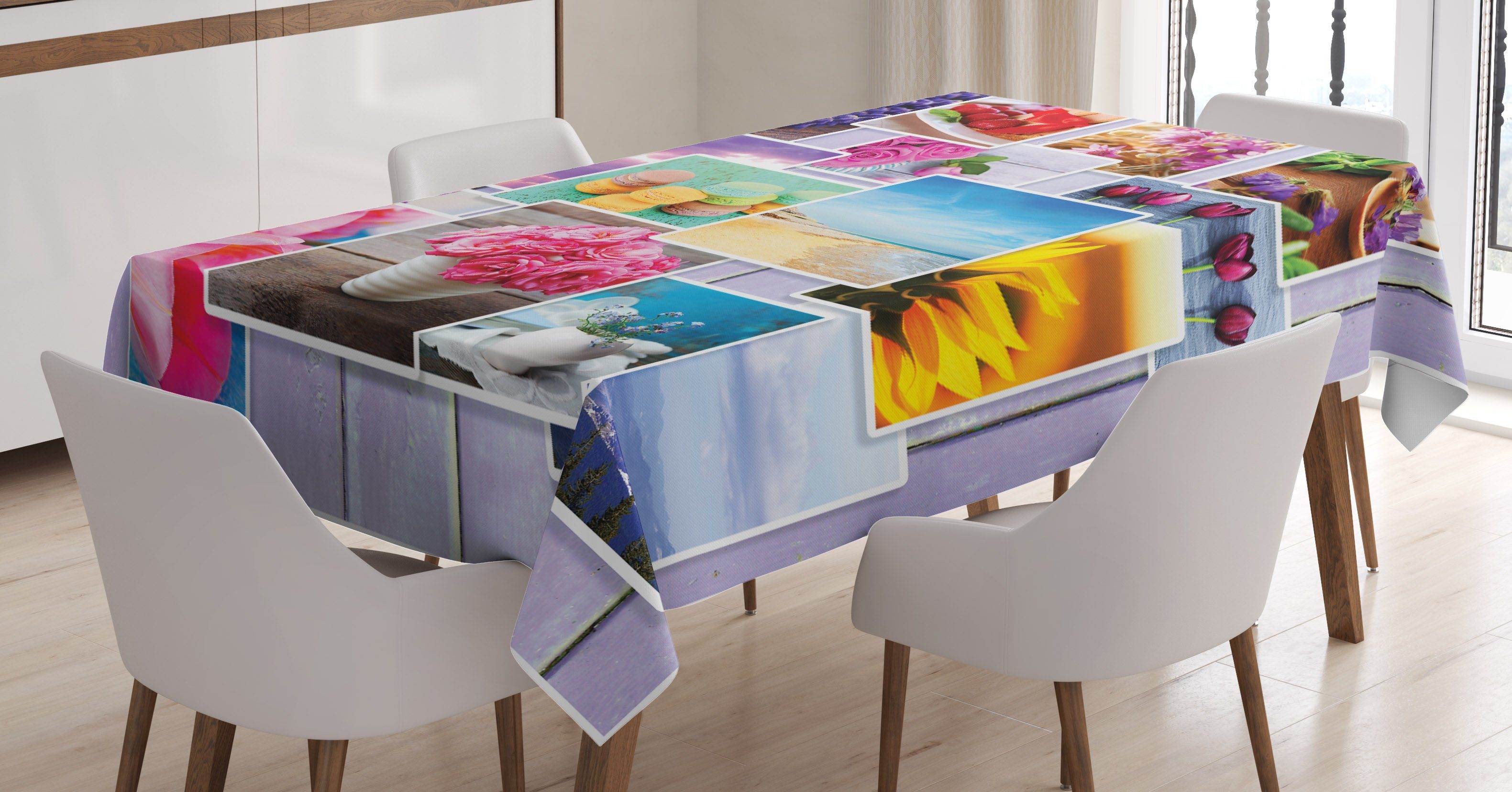 Abakuhaus Tischdecke Farbfest Waschbar Für den Außen Bereich geeignet Klare Farben, Collage Blumen und Makronen