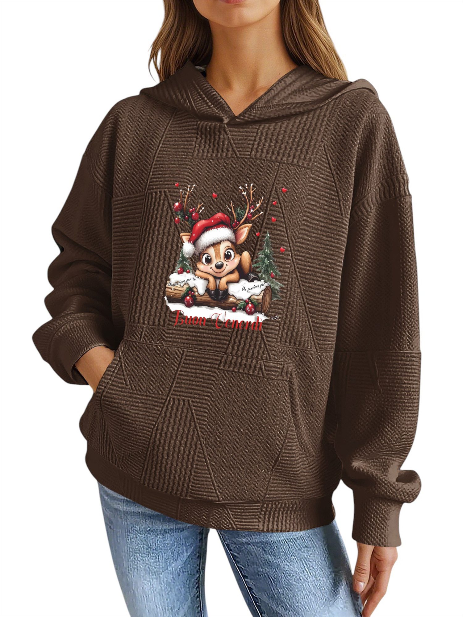 PYLIKE Kapuzenpullover Hoodie für Damen mit Farbblock-Weihnachtsrentier Druck & Großtaschen Strukturierte Stoffe,Lässiger Streetstyle für den Weihnachten Winter