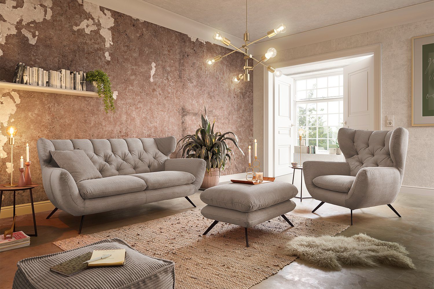 KAWOLA Sitzgruppe CHARME, Cord versch. 3-tlg), Sofa (Set, Farben taupe Sessel Hockerbank