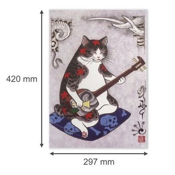 GalaxyCat Poster Japanisches Katzen Wandbild im Ukiyo e Stil, Katzen Wandbild auf, Katze mit Shamisen, Ukiyo-e Wandbild - Katze mit Shamisen