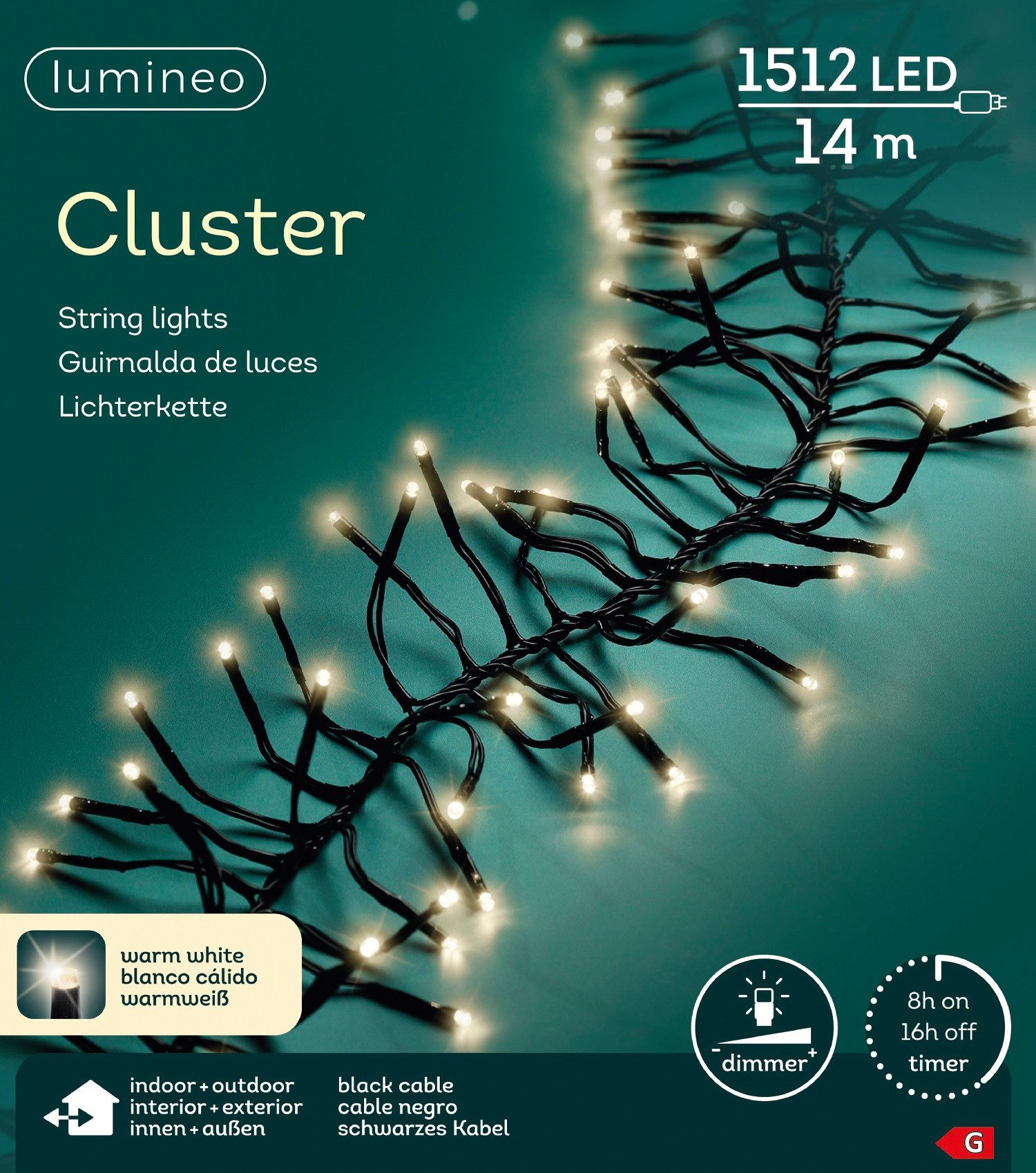 Lumineo LED-Lichterkette Lumineo Lichterkette CLUSTER 1512 LED 14 m warm weiß, schwarzes Kabel, Indoor/Outdoor, dimmbar, 8h-Timer, + 5 m Zuleitung