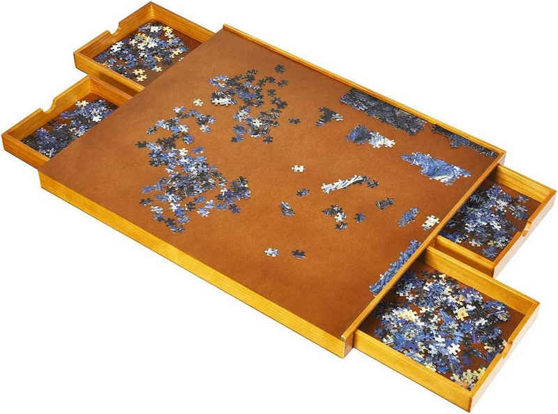 KOMFOTTEU Puzzleunterlage Puzzleplateau, Puzzletisch mit 4 Schubladen, aus Holz, 80 x 65cm