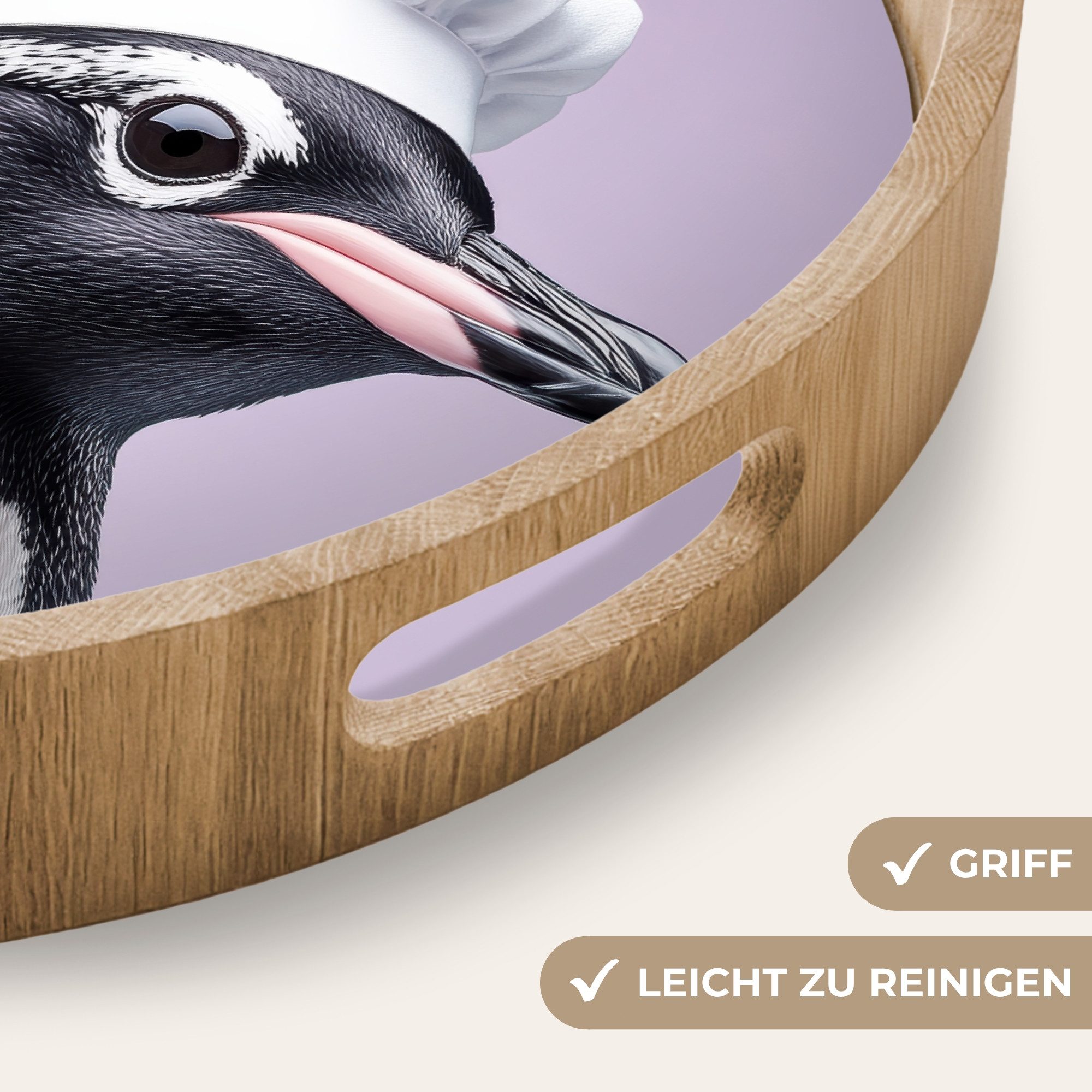 OnlyWow Tablett Rund mit Henkel Pinguin - Kochmütze - Lieb - Lila, Eichenholz, (1-tlg), Siervierplatte, Tray, Frühstücksbrett