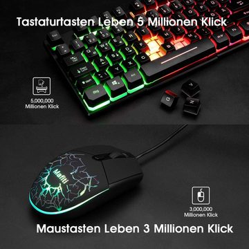 mafiti Regenbogen LED Hintergrundbeleuchtung Tastatur- und Maus-Set, Ideal für Gaming und Büro, QWERTZ (DE-Layout), Multimedia-Tasten