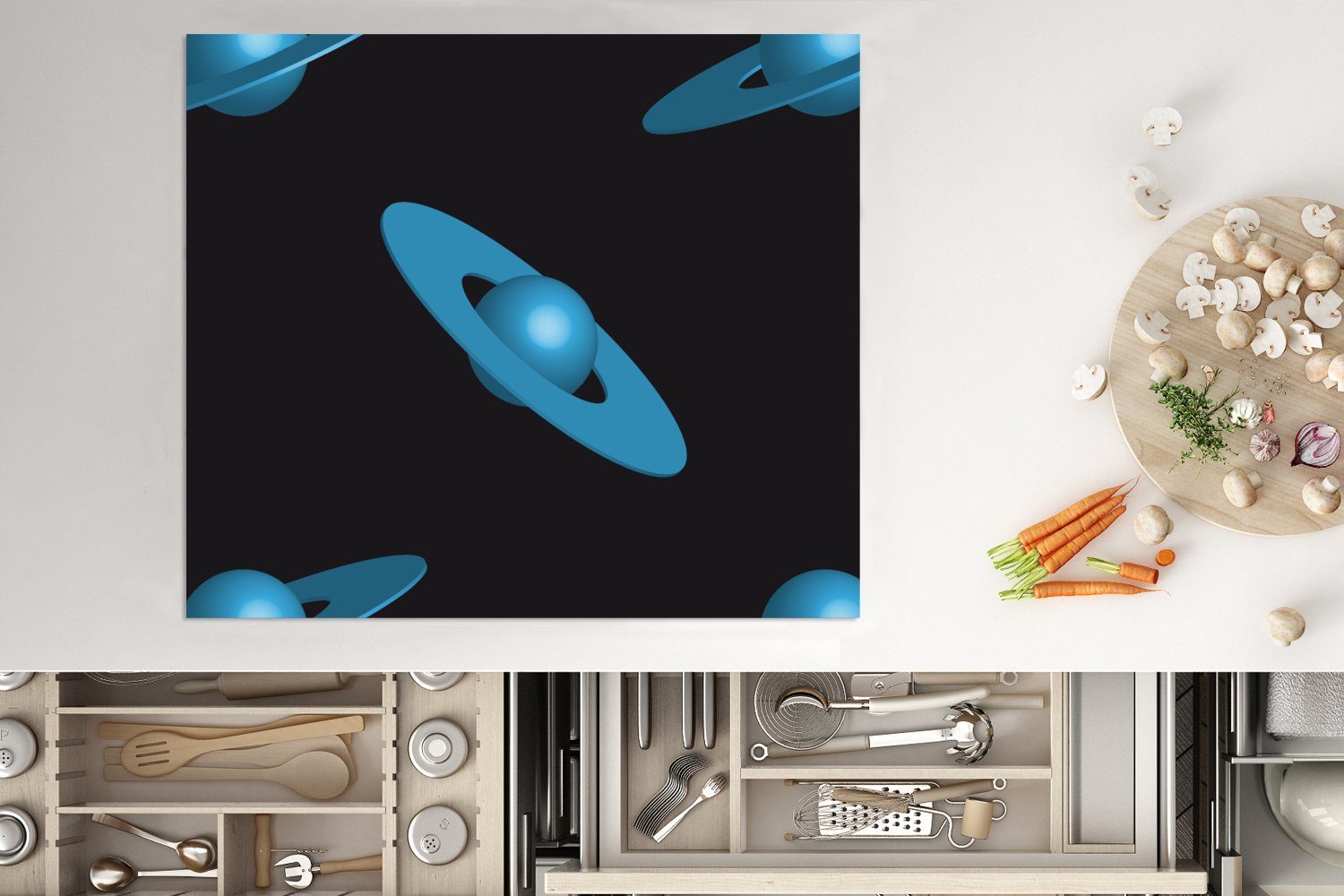 MuchoWow Herdblende-/Abdeckplatte Planeten - 60x52 - Kinder nutzbar, Ceranfeldabdeckung - Mobile tlg), Arbeitsfläche cm, Blau Design, (1 Vinyl